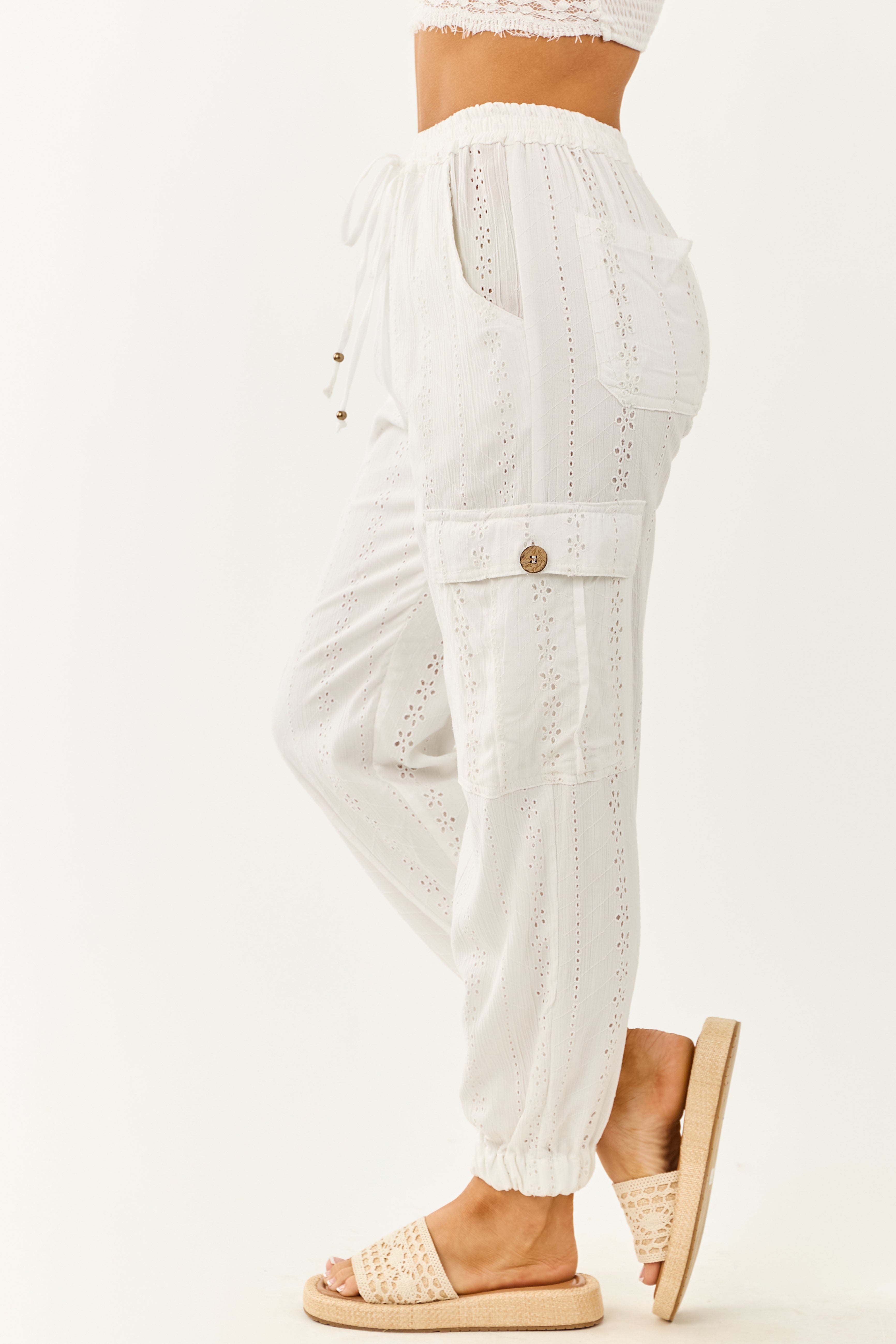 【oan】Eyelet Cargo String Pants White Eyelet Lace Drawstring Cargo Jogger Pants | Lime Lush