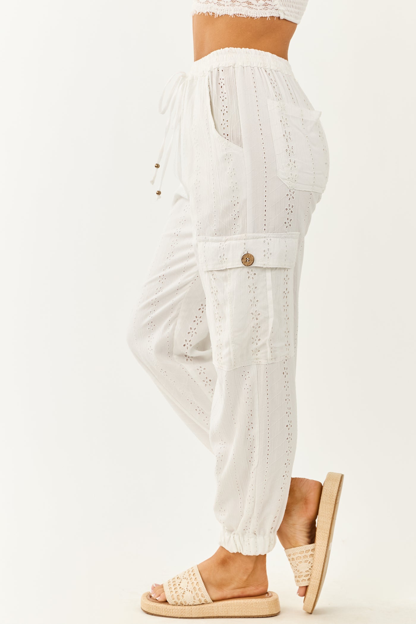 White Eyelet Lace Drawstring Cargo Jogger Pants