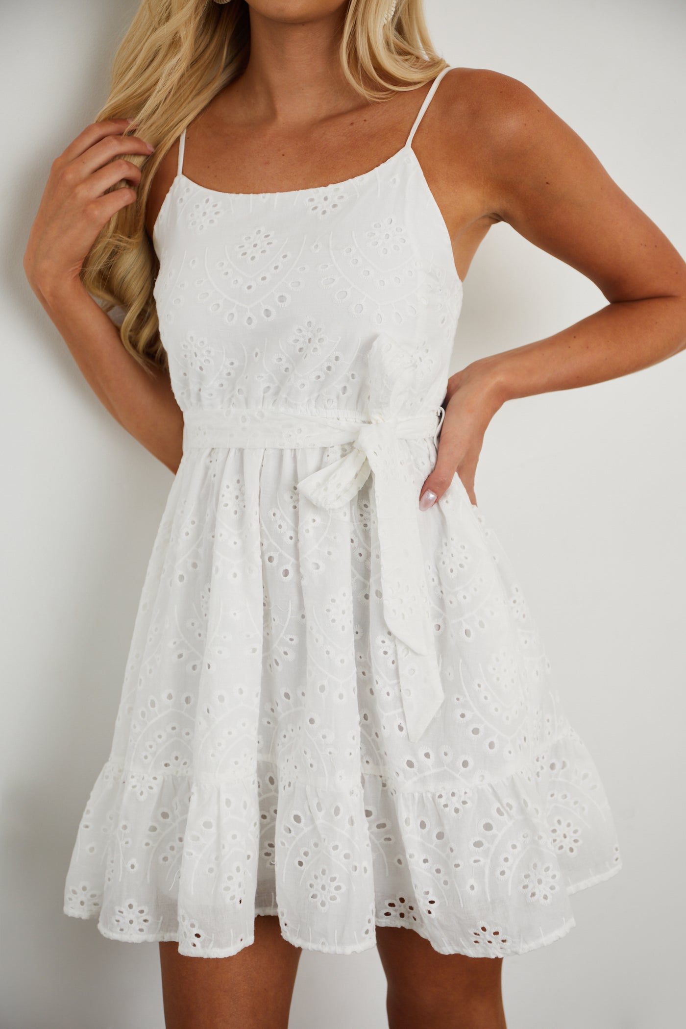 White Eyelet Lace Mini Dress with Waist Tie
