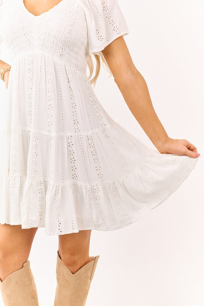 White Eyelet Lace Smocked Bodice Mini Dress