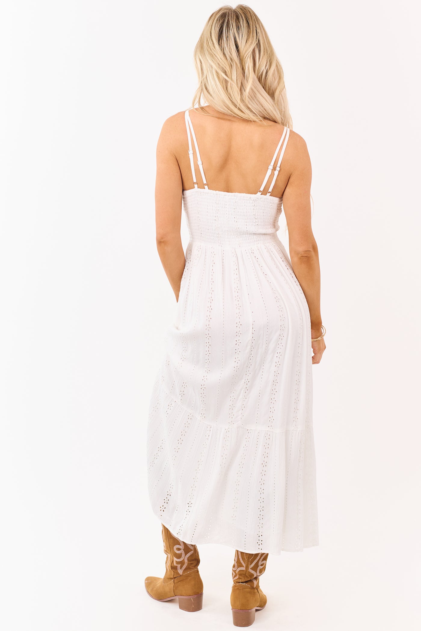 White Eyelet Open Lace Sleeveless Midi Dress