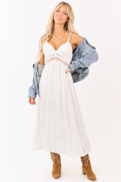 White Eyelet Open Lace Sleeveless Midi Dress