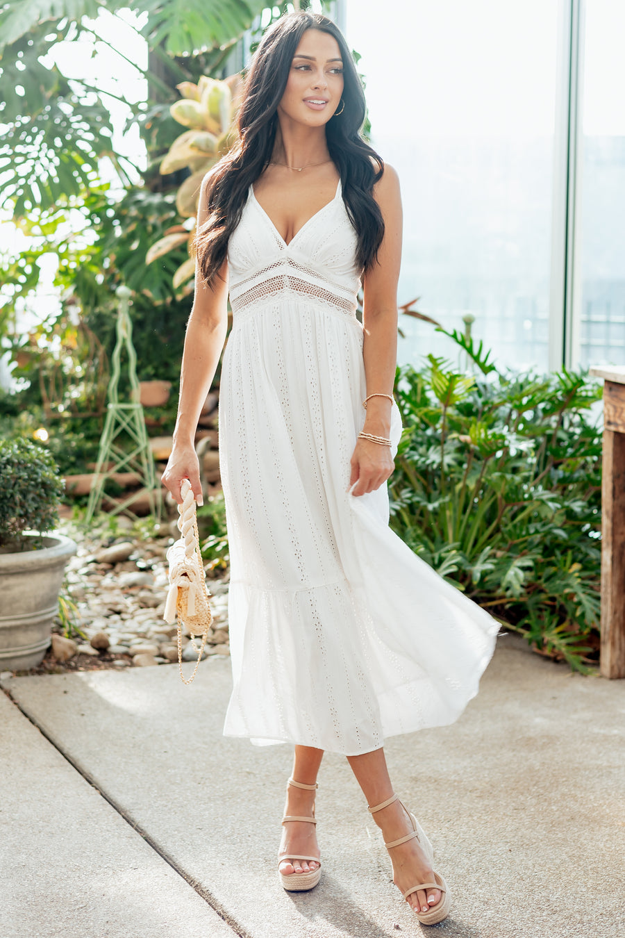 cute white dresses for women White Tiered Eyelet Midi Graduation Dress with Buttons White / Small
