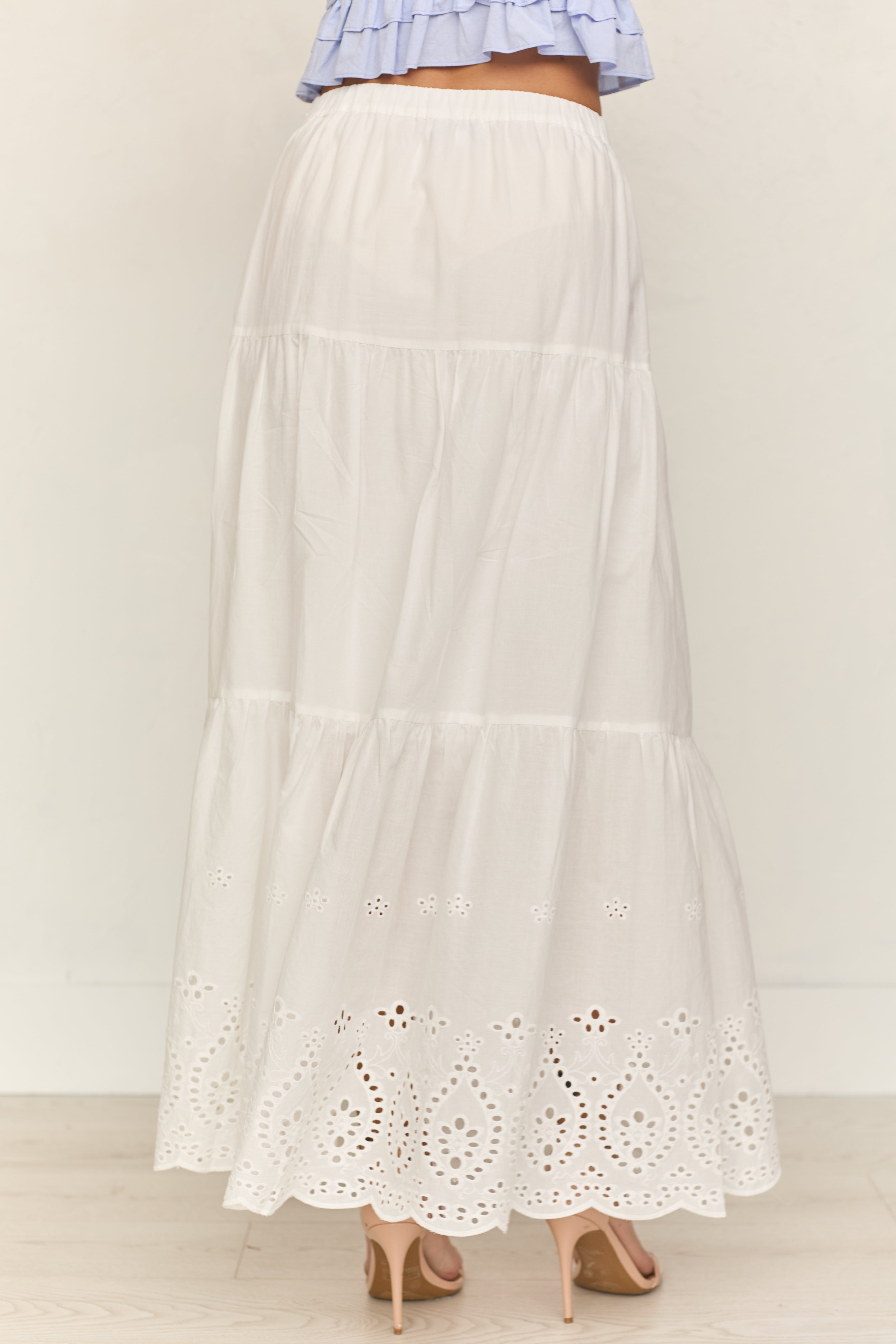 White Eyelet Tiered Cotton Maxi Skirt