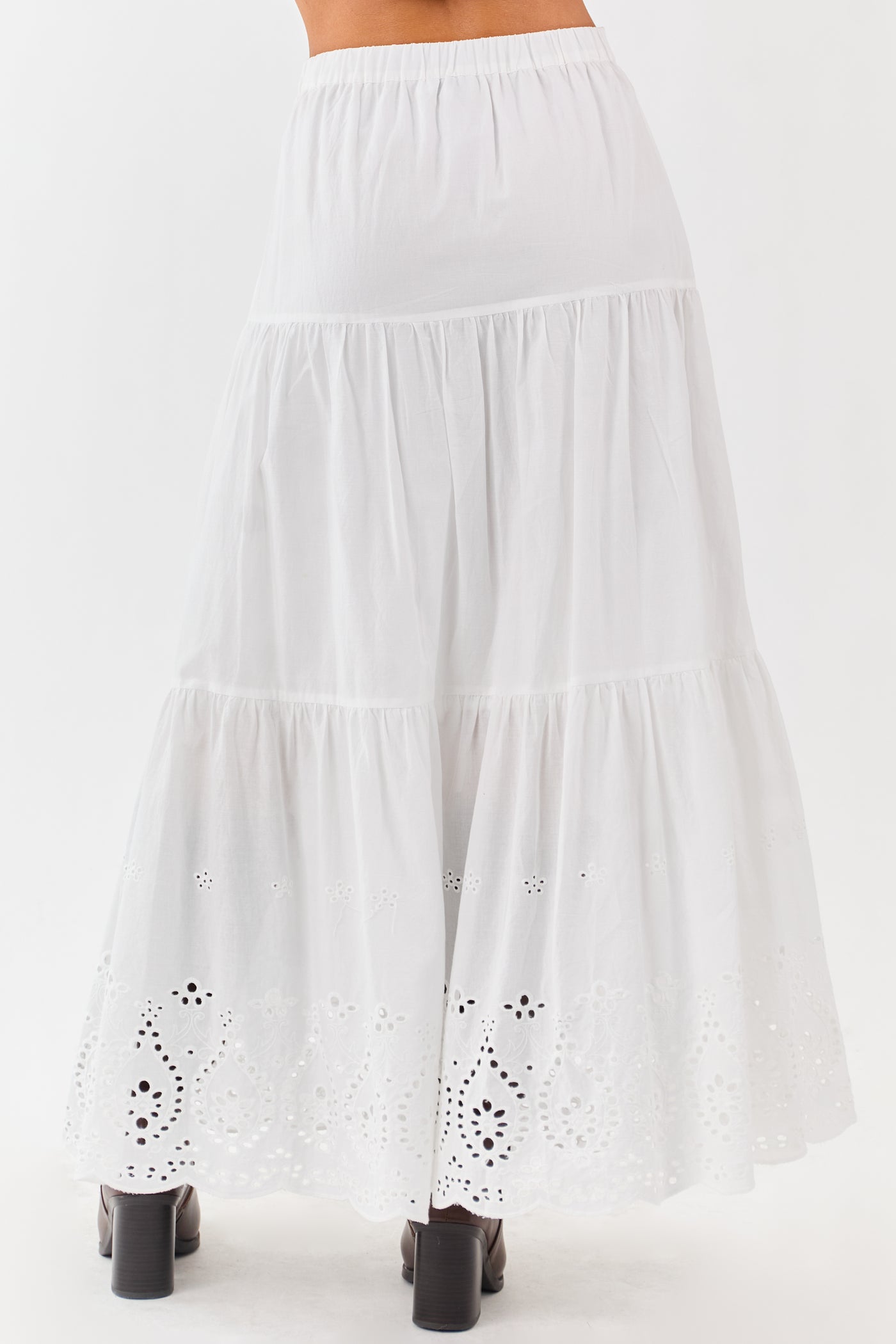 White Eyelet Tiered Cotton Maxi Skirt
