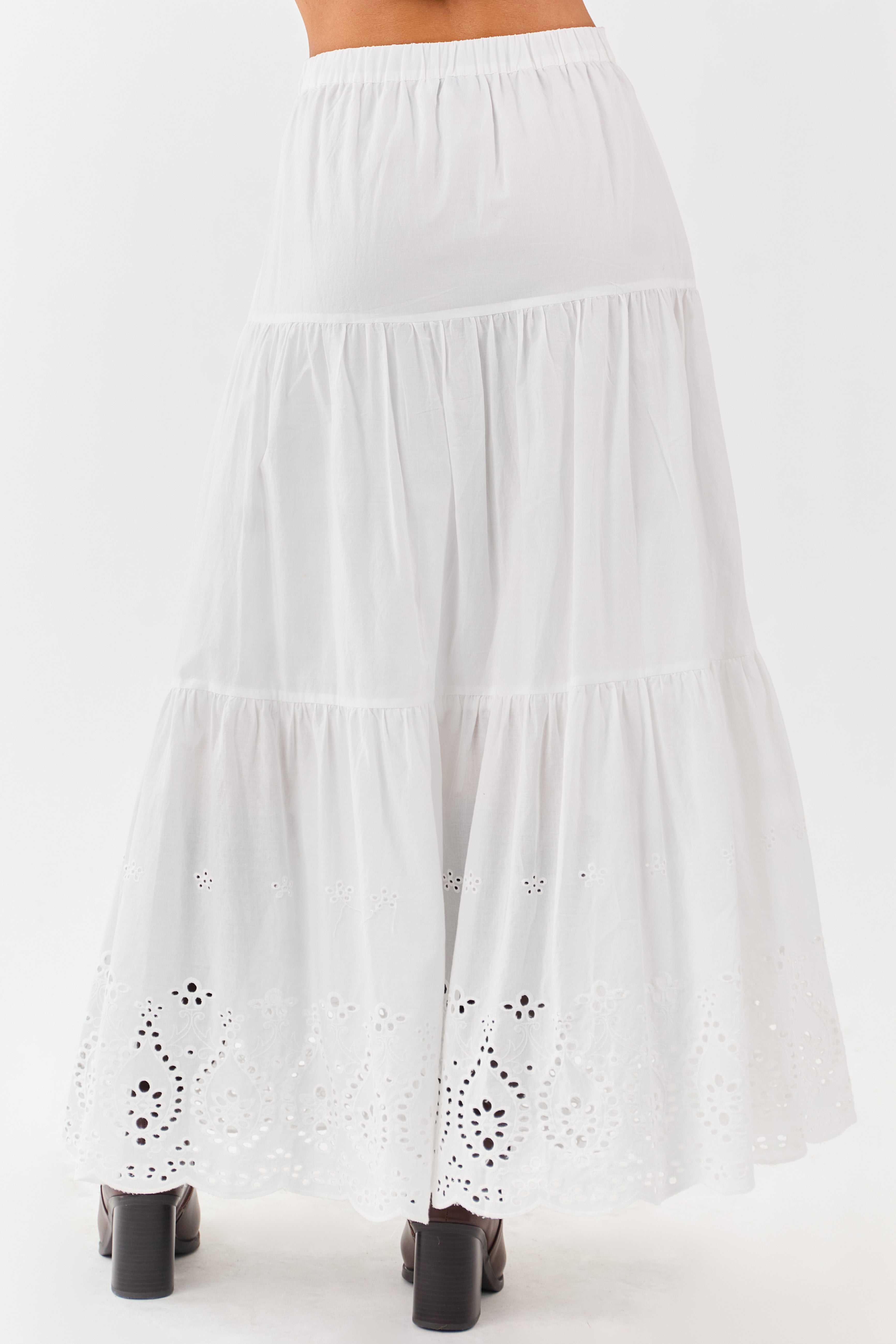 White Eyelet Tiered Cotton Maxi Skirt