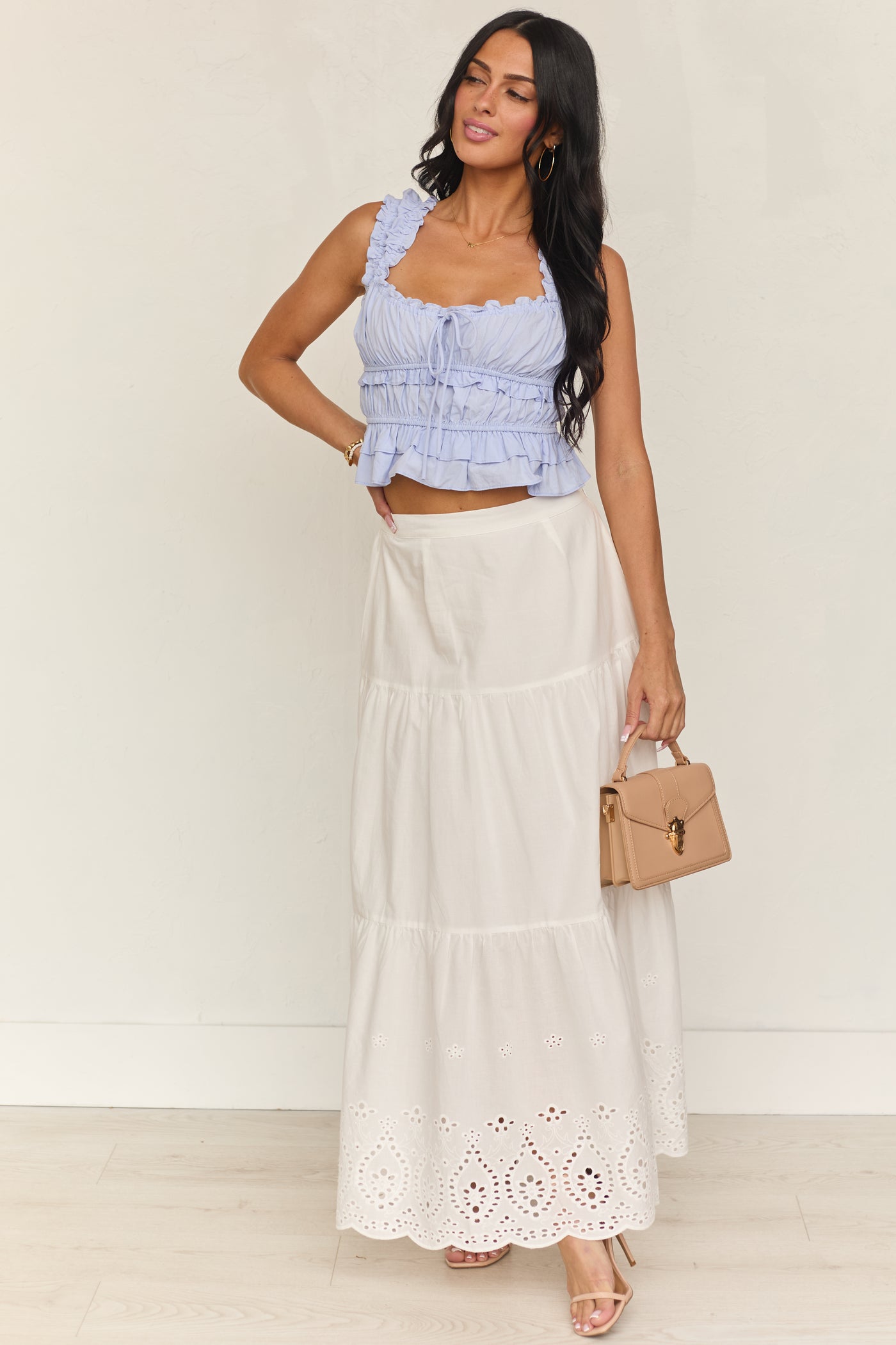 White Eyelet Tiered Cotton Maxi Skirt