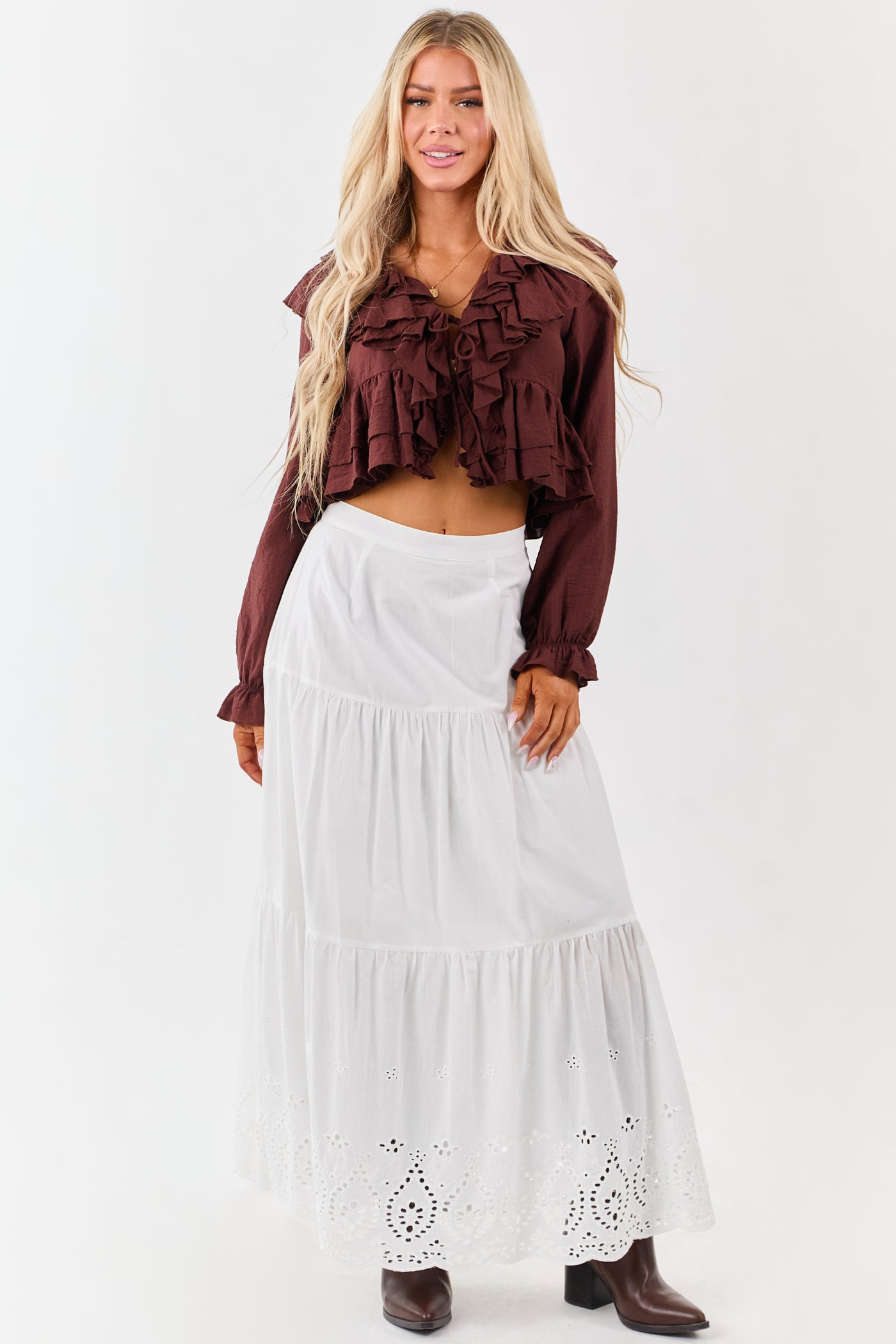 White Eyelet Tiered Cotton Maxi Skirt