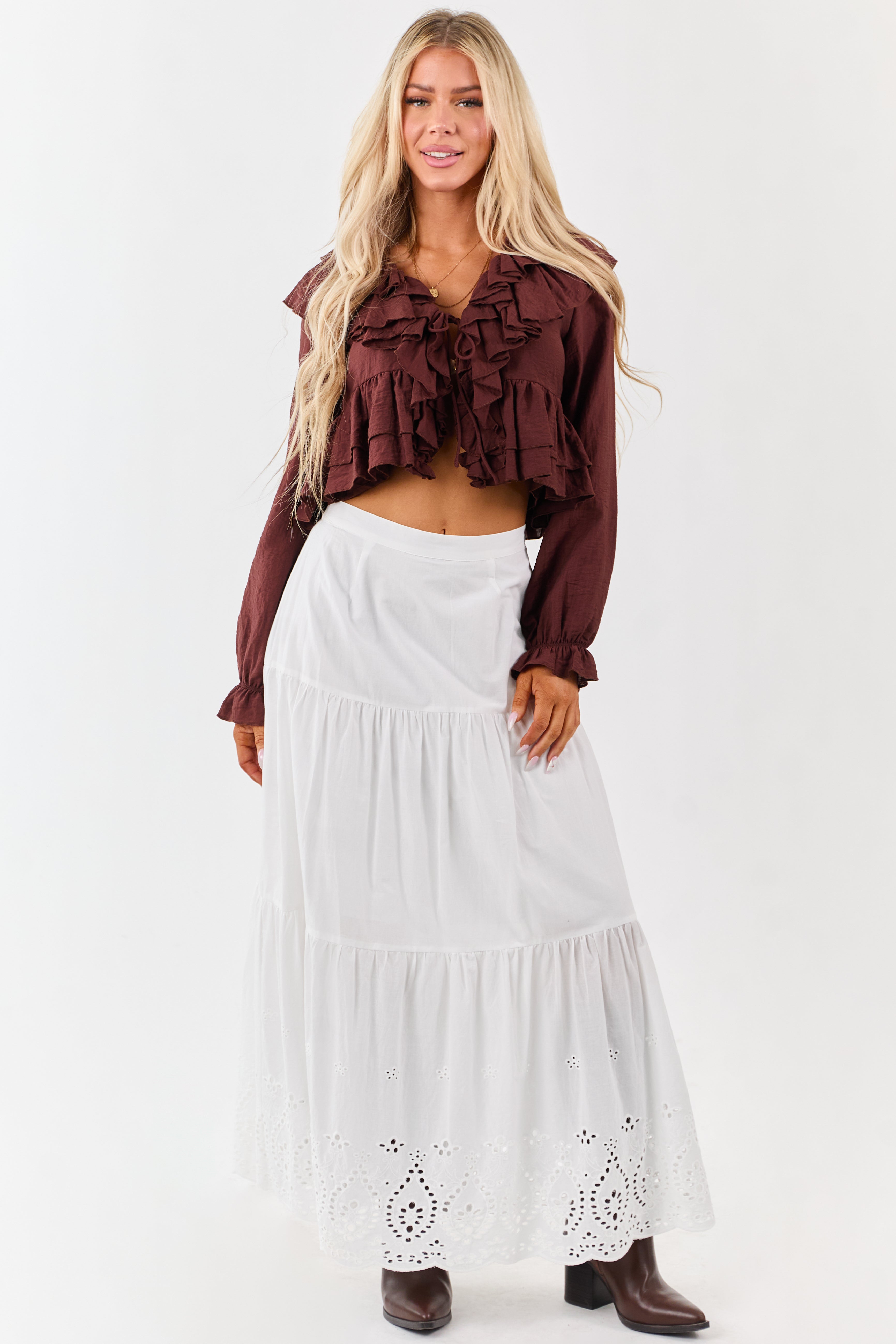 White Eyelet Tiered Cotton Maxi Skirt