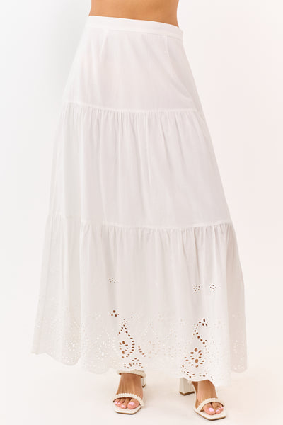 White Eyelet Tiered Cotton Maxi Skirt