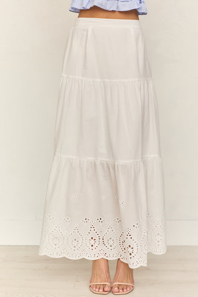 White Eyelet Tiered Cotton Maxi Skirt