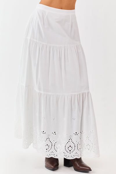 White Eyelet Tiered Cotton Maxi Skirt