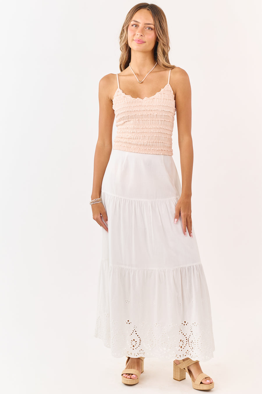 White Eyelet Tiered Cotton Maxi Skirt