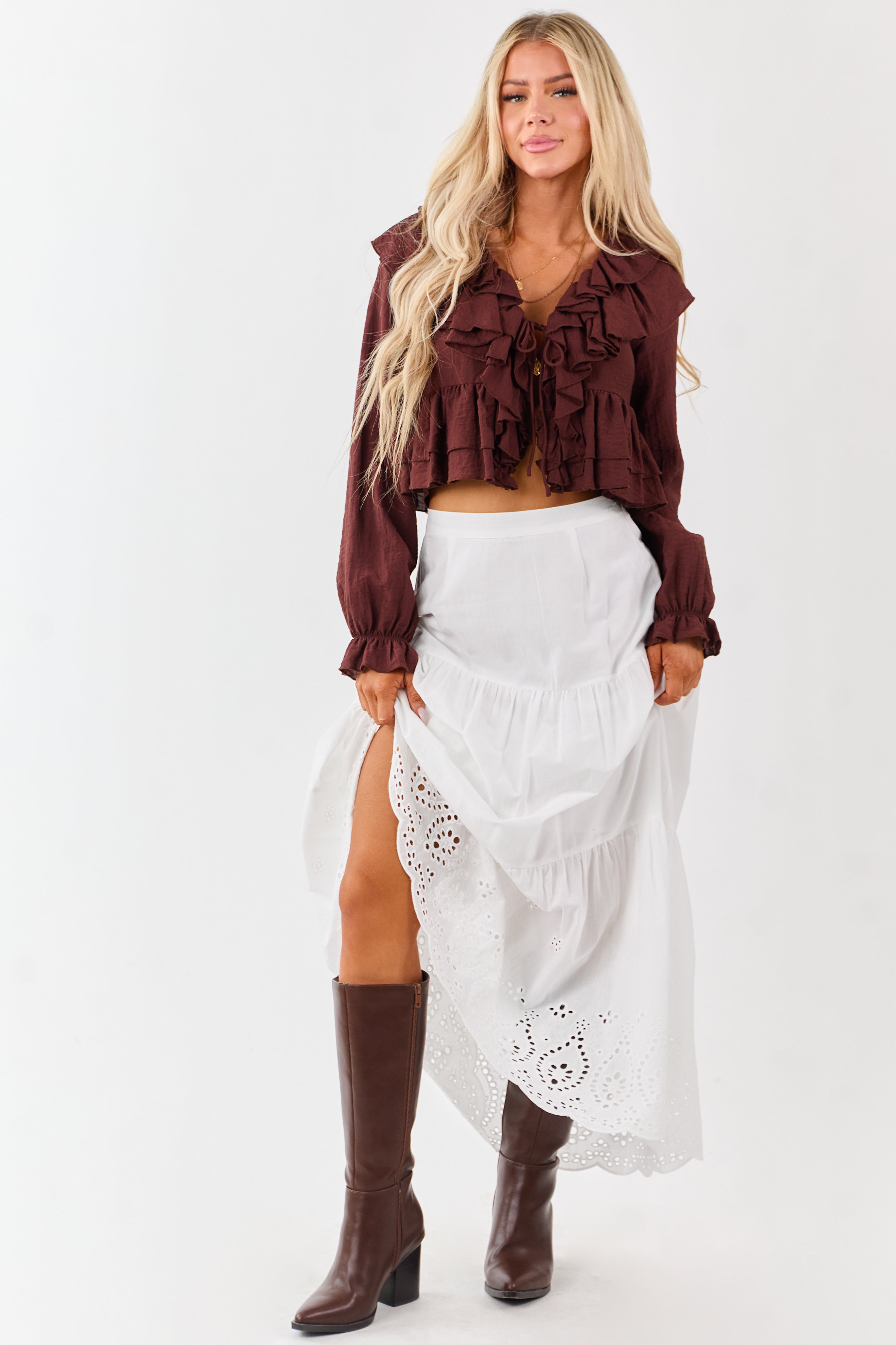 White Eyelet Tiered Cotton Maxi Skirt