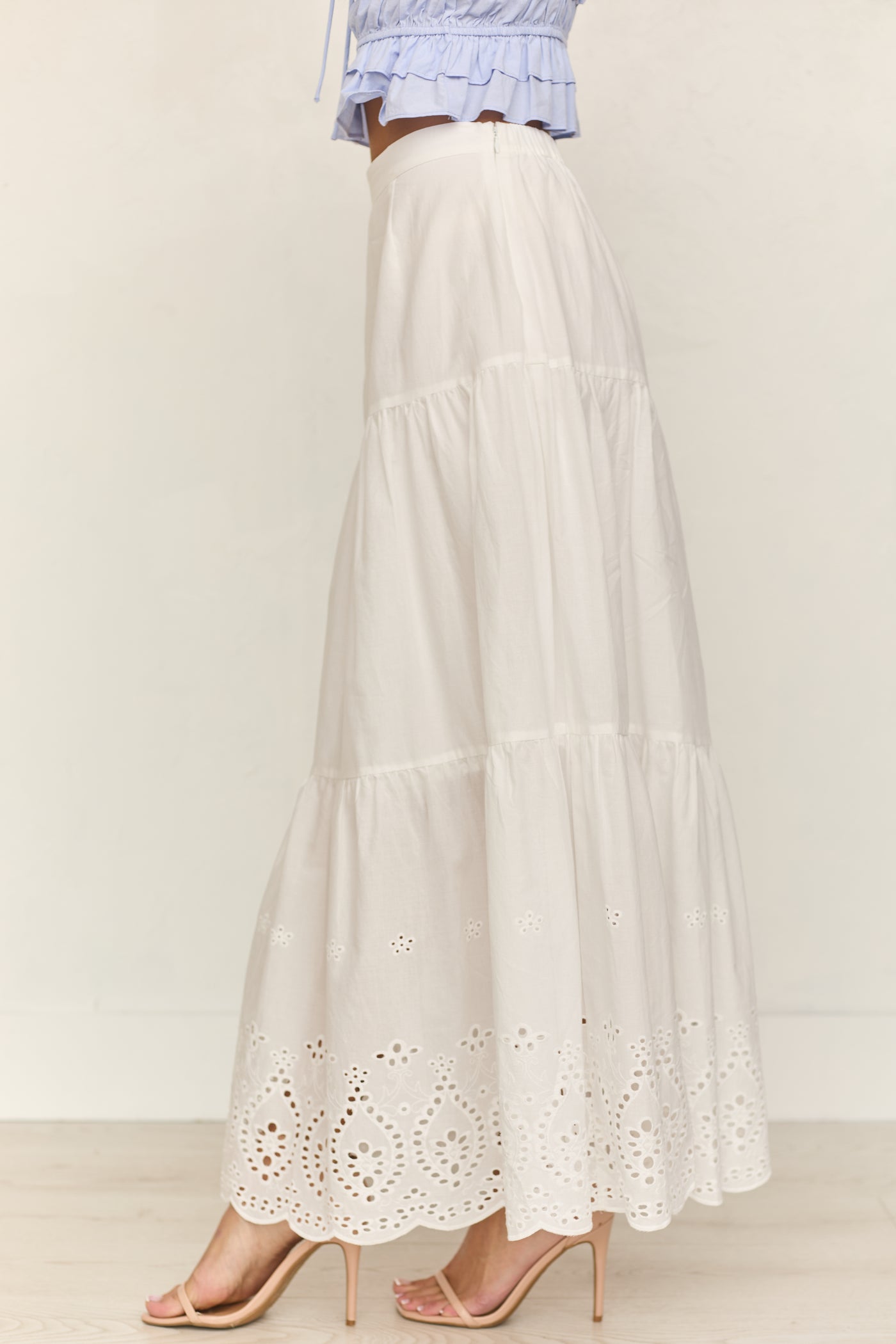 White Eyelet Tiered Cotton Maxi Skirt
