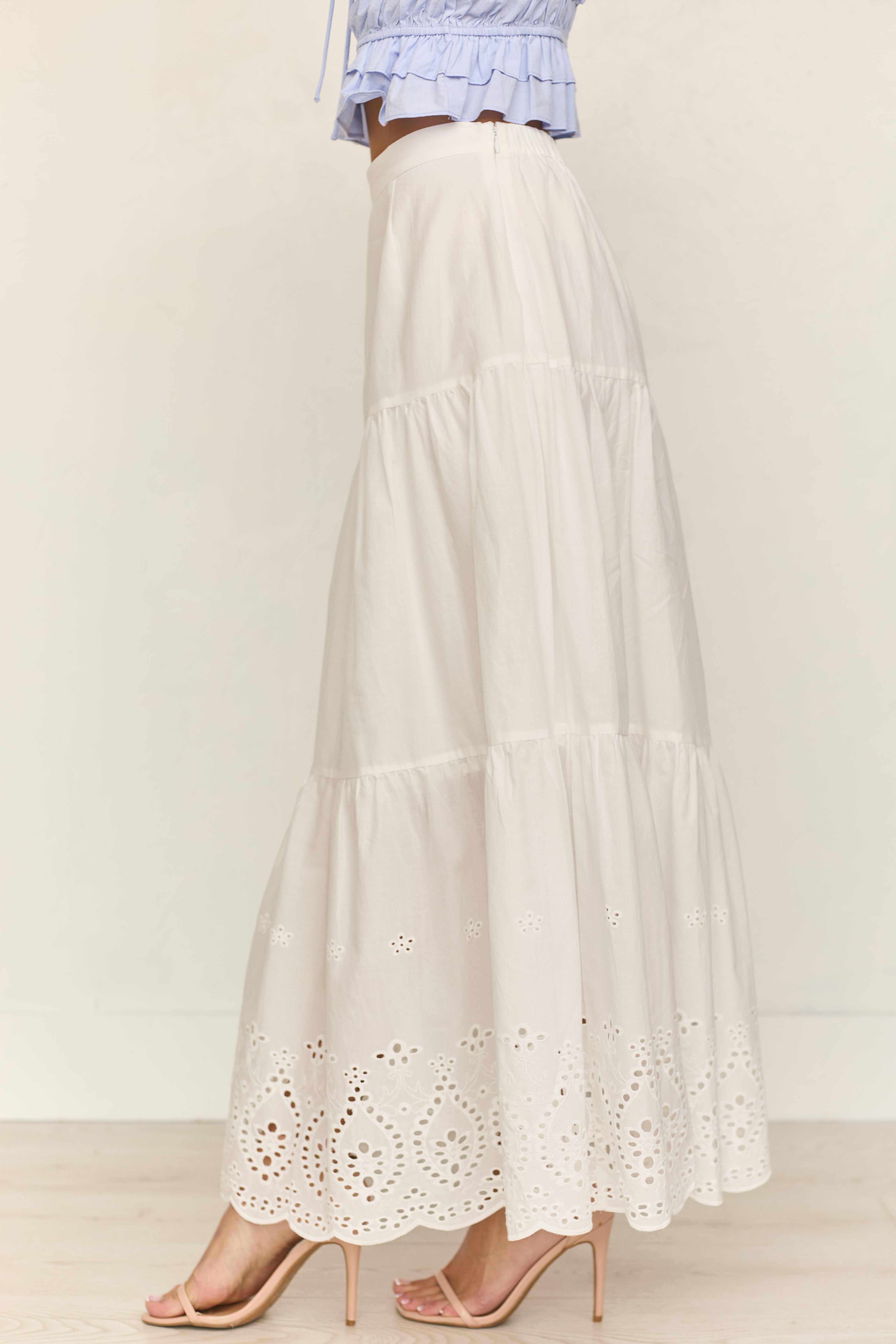 White Eyelet Tiered Cotton Maxi Skirt