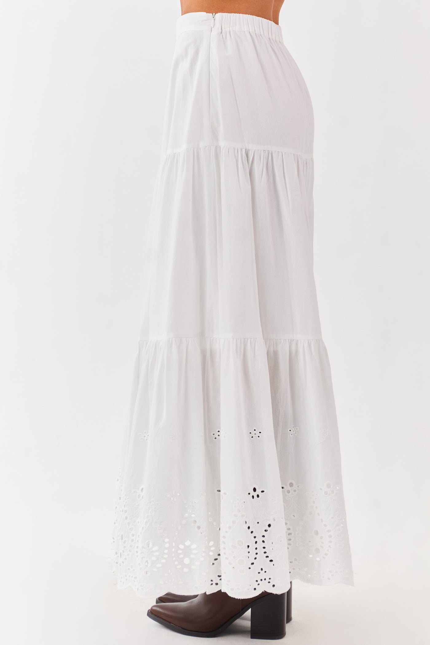 White Eyelet Tiered Cotton Maxi Skirt