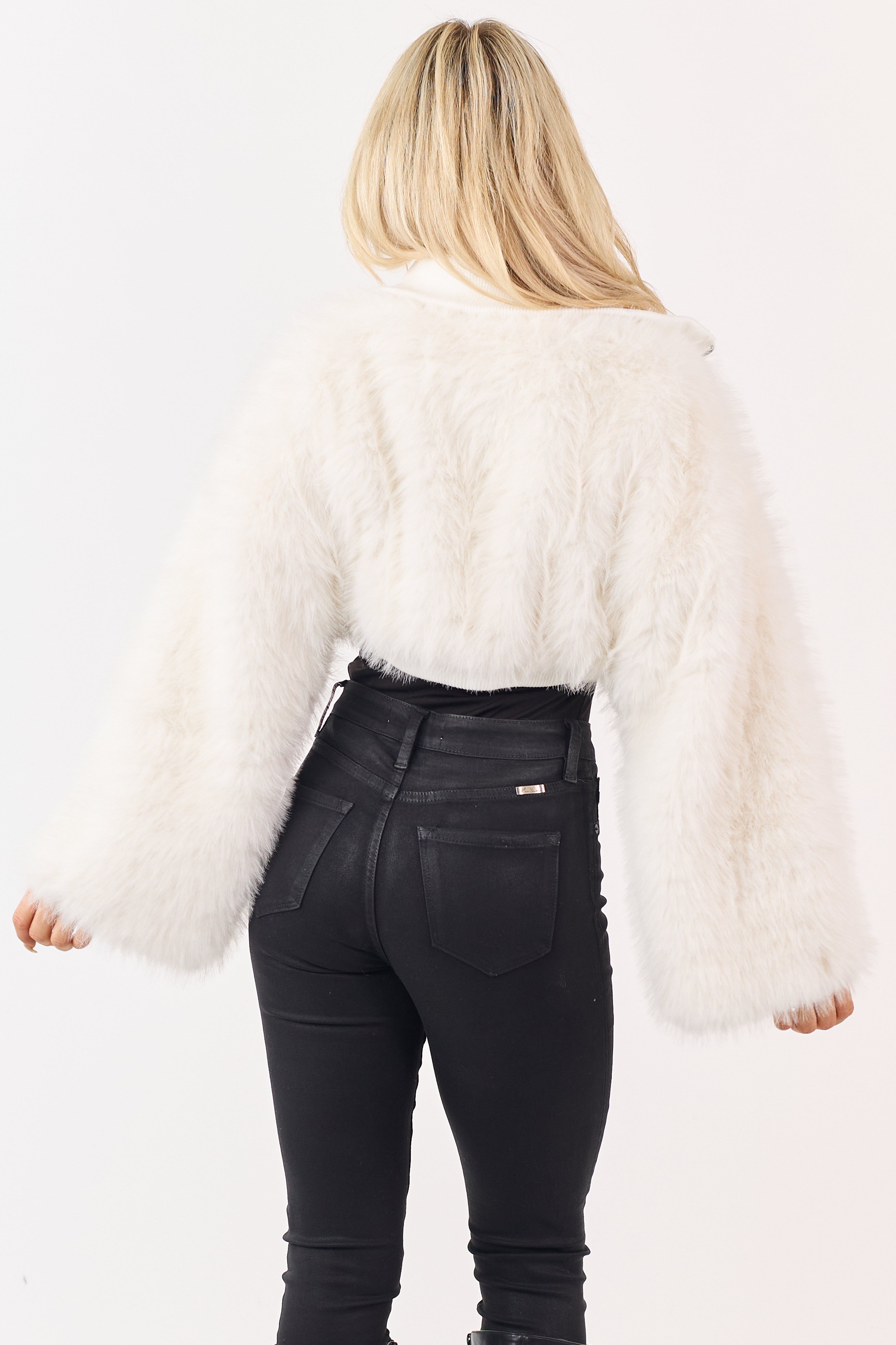 White Faux Fur Zip Up Collared Cropped Jacket | Lime Lush Boutique