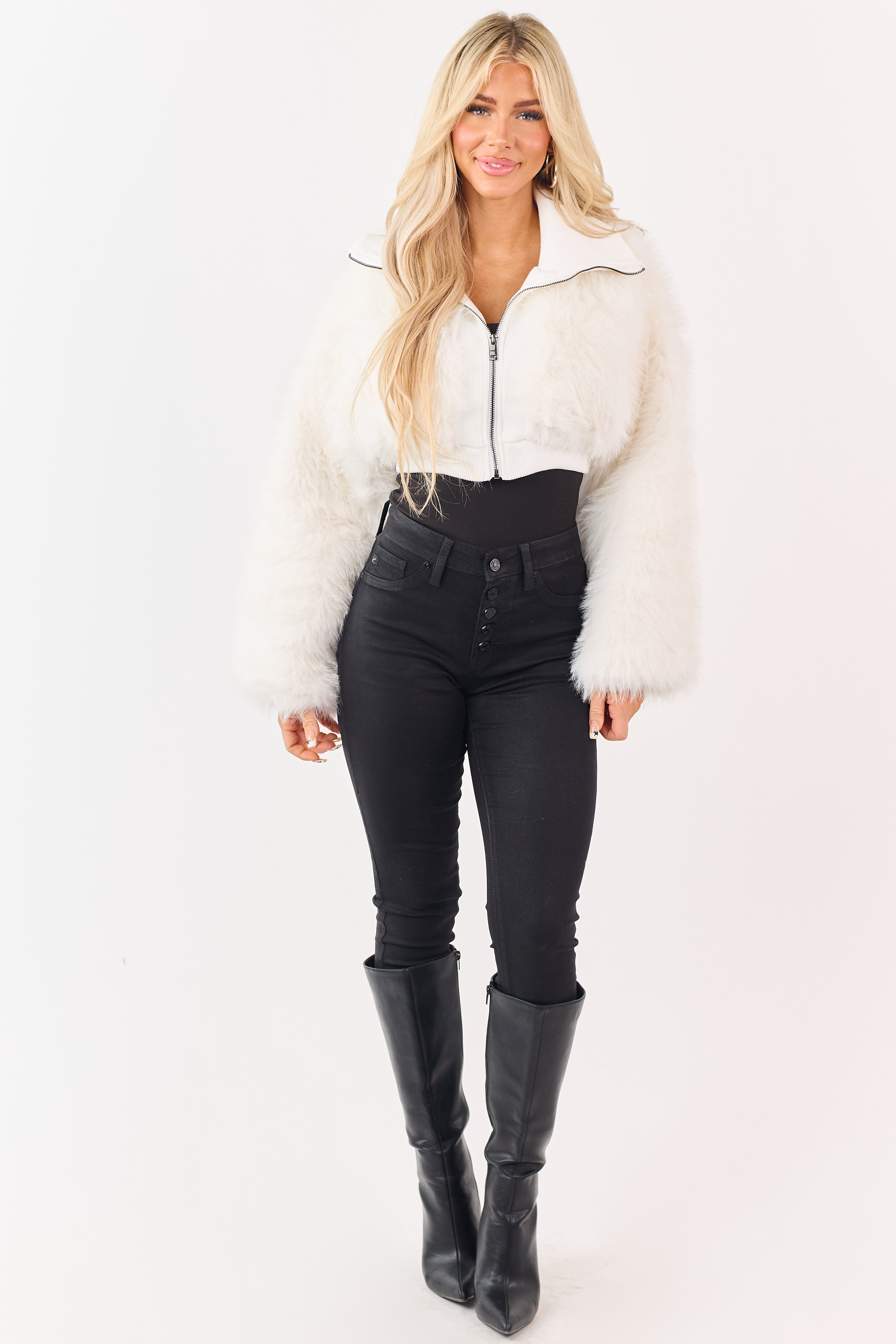 White Faux Fur Zip Up Collared Cropped Jacket