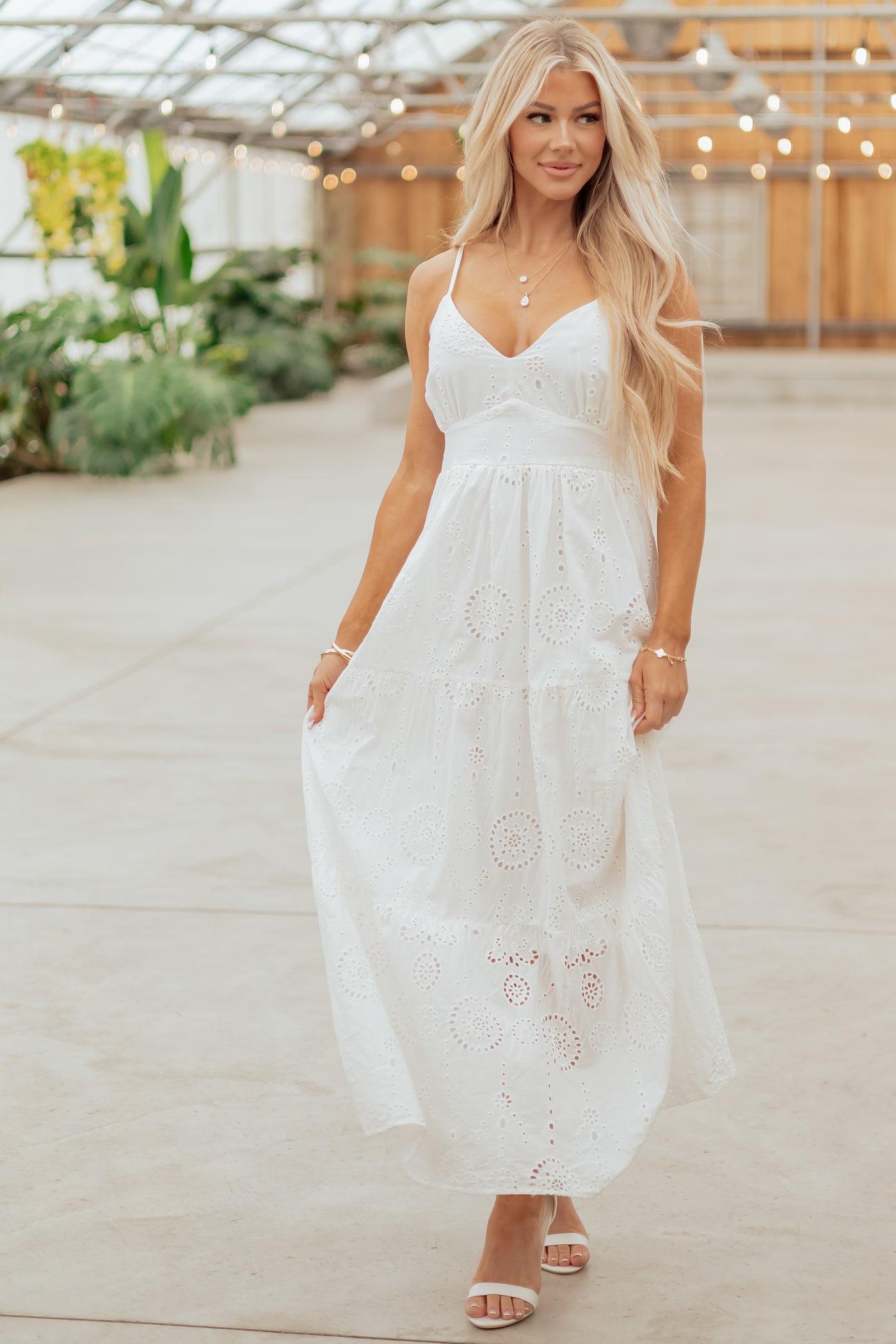White Floral Eyelet Sleeveless Cotton Maxi Dress
