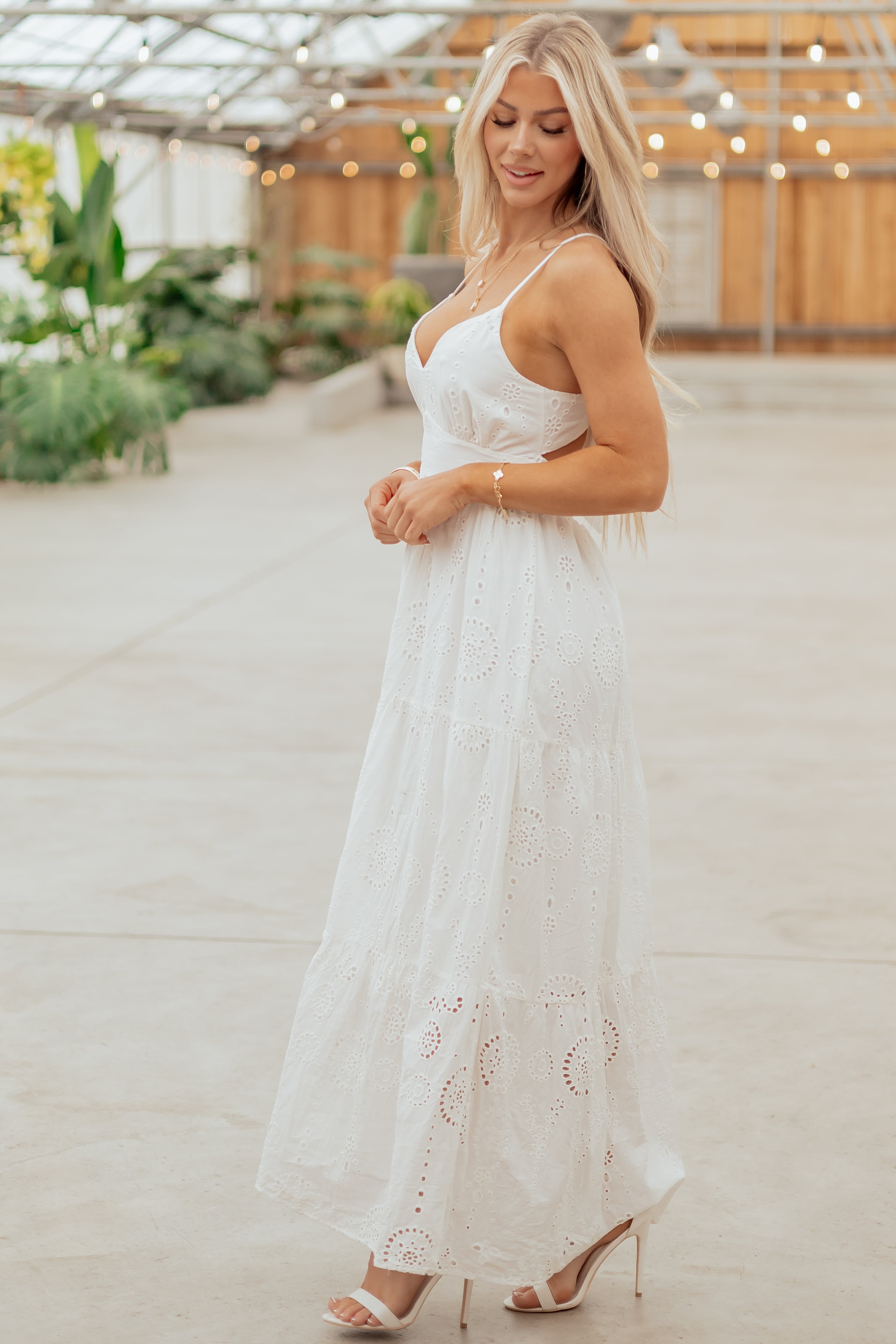 White Floral Eyelet Sleeveless Cotton Maxi Dress