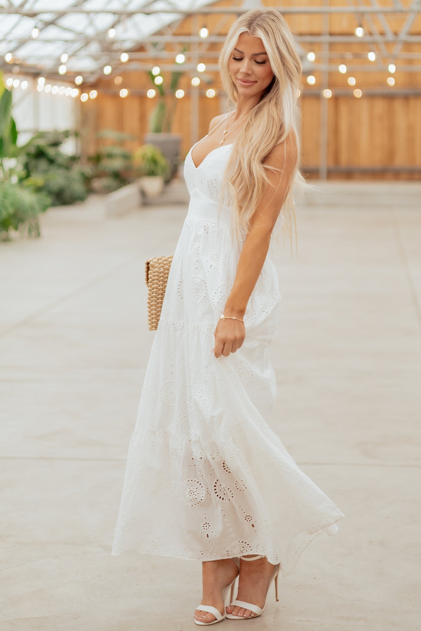 White Floral Eyelet Sleeveless Cotton Maxi Dress