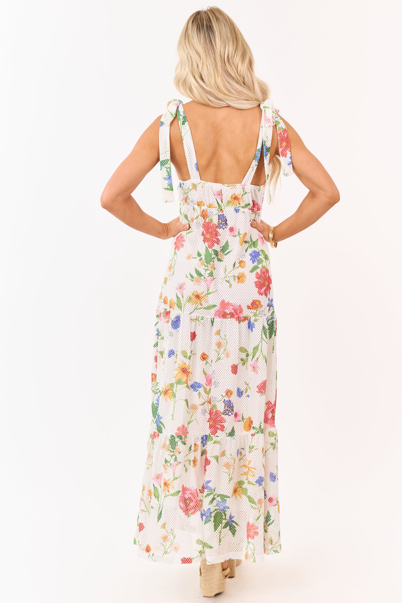 White Floral Mesh Scuba Knit Tie Strap Maxi Dress