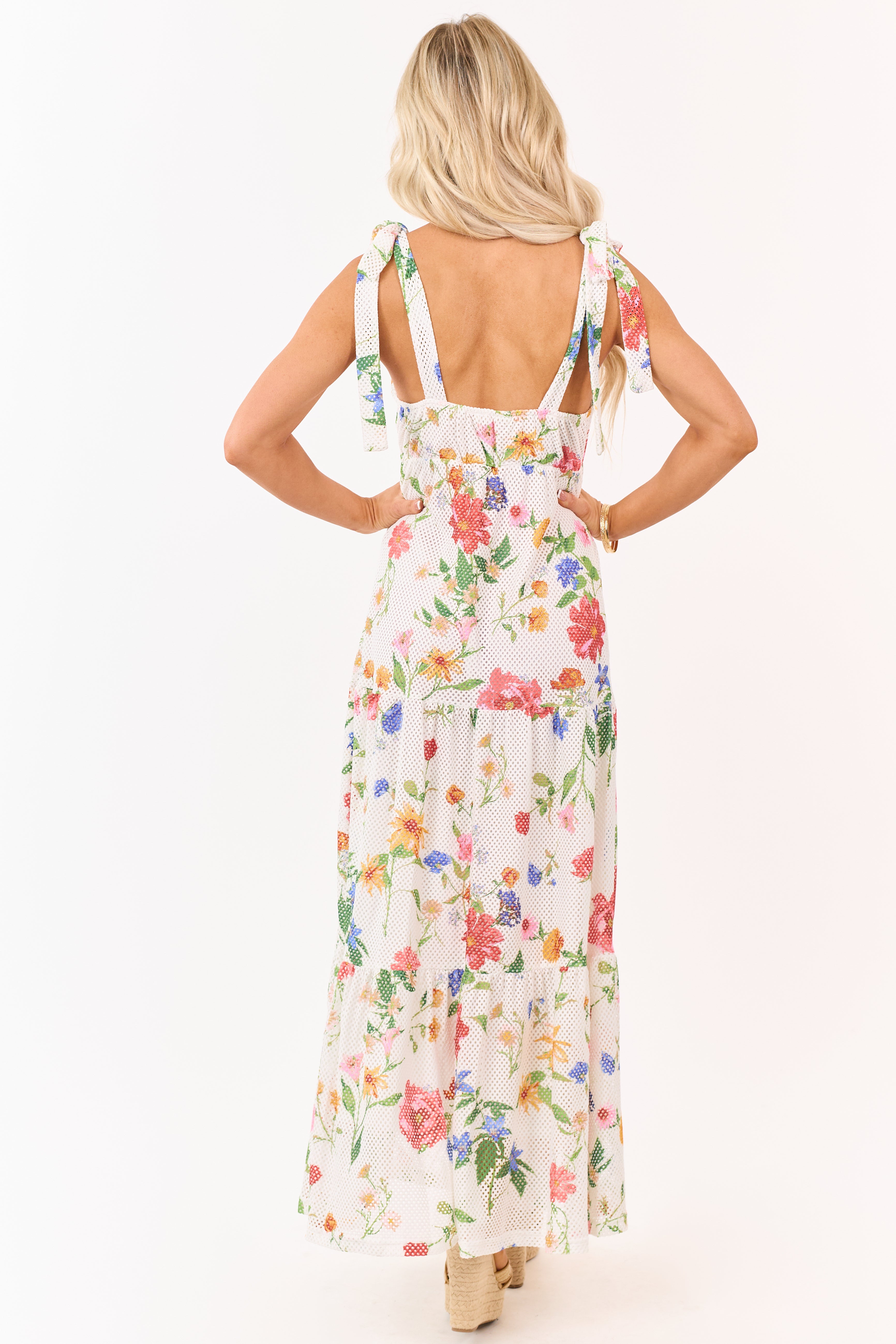 White Floral Mesh Scuba Knit Tie Strap Maxi Dress