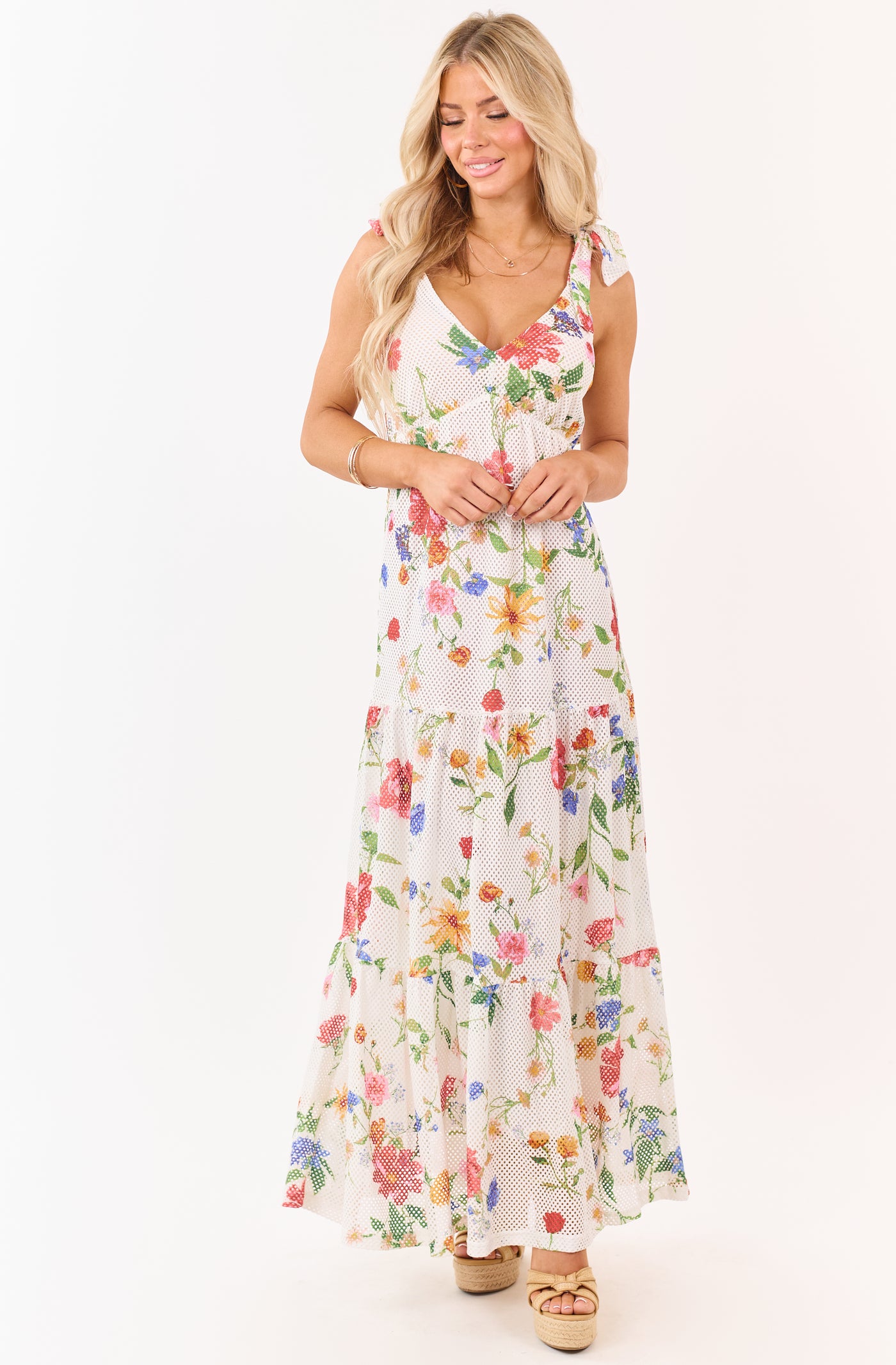 White Floral Mesh Scuba Knit Tie Strap Maxi Dress