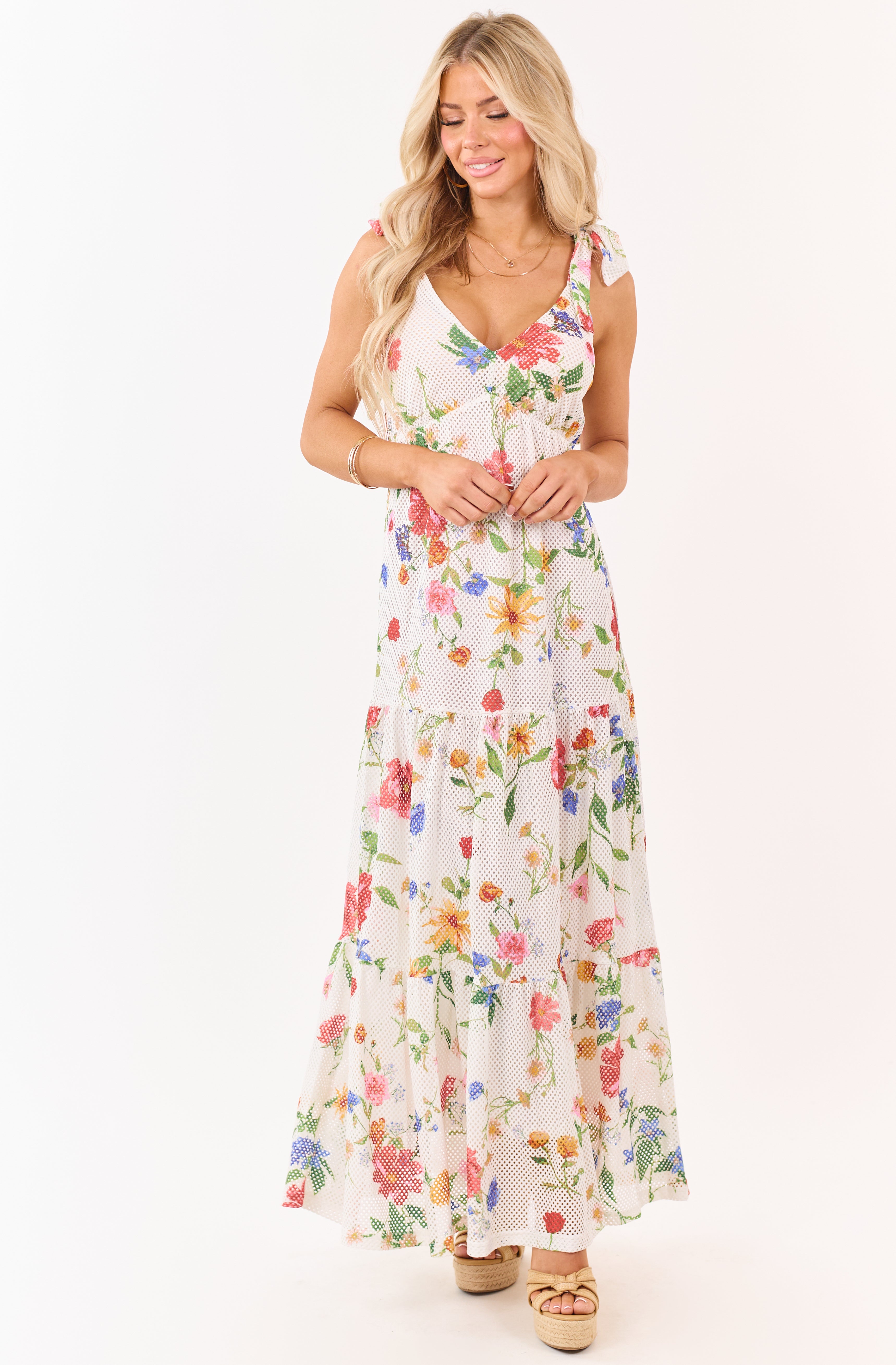 White Floral Mesh Scuba Knit Tie Strap Maxi Dress