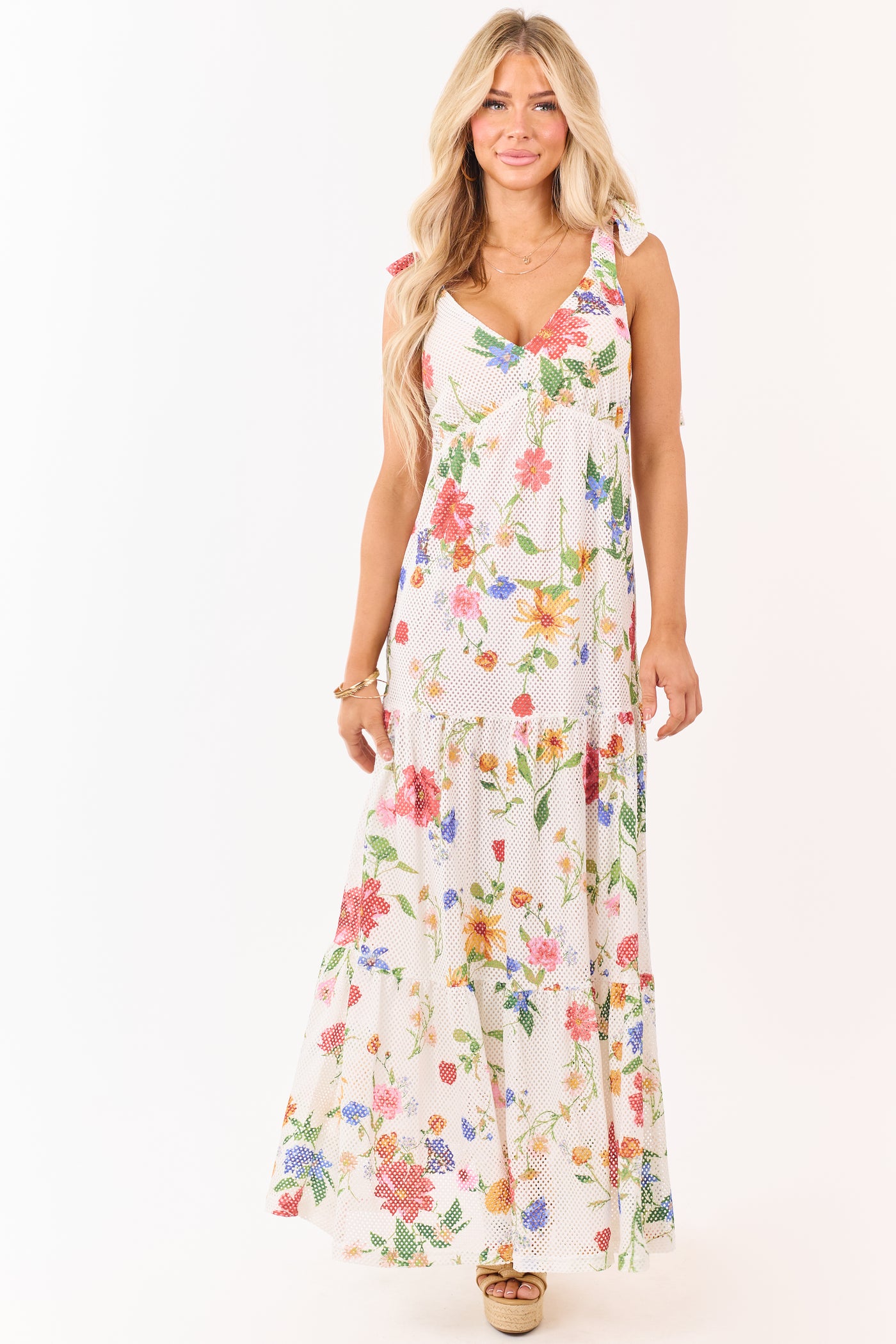White Floral Mesh Scuba Knit Tie Strap Maxi Dress