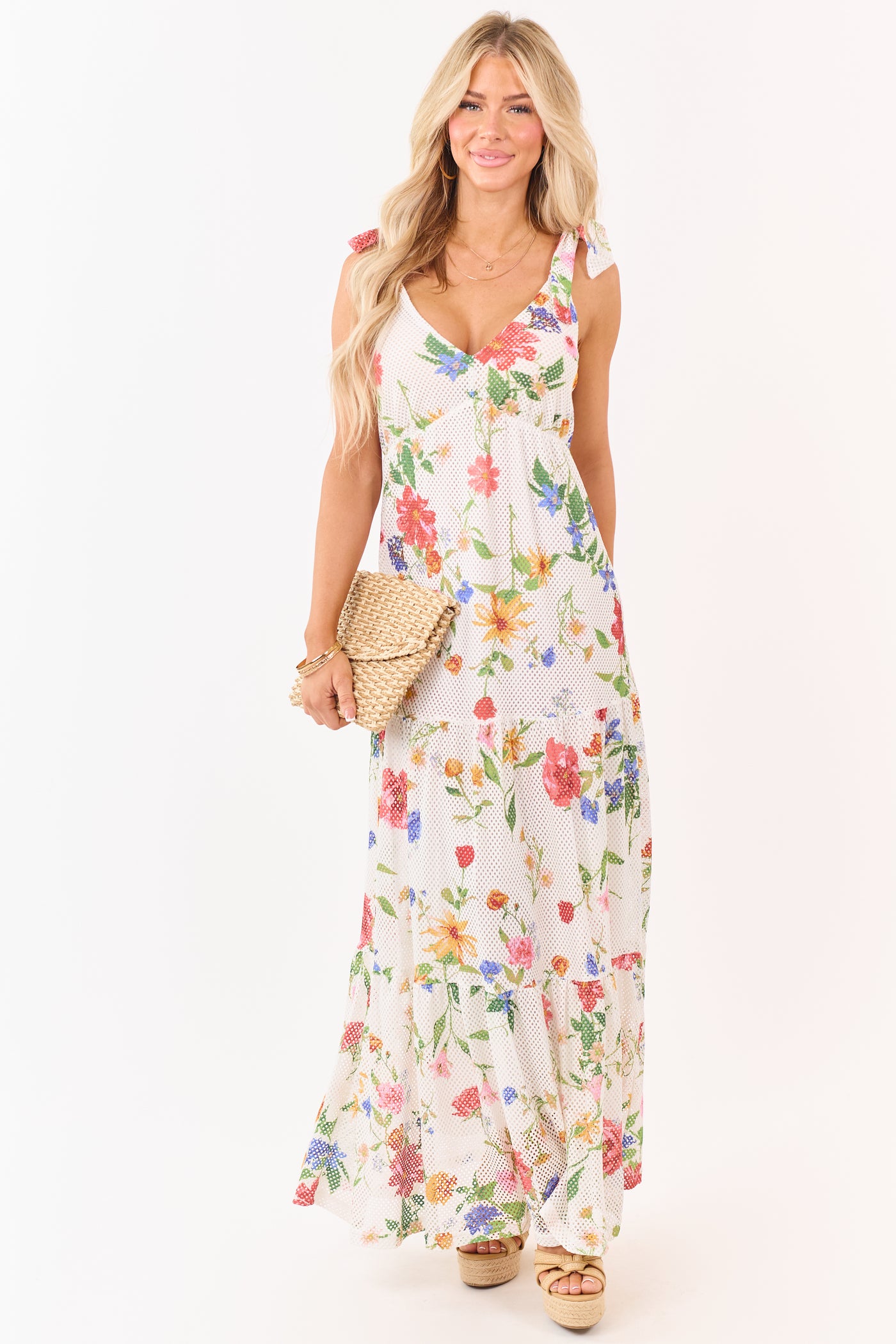 White Floral Mesh Scuba Knit Tie Strap Maxi Dress