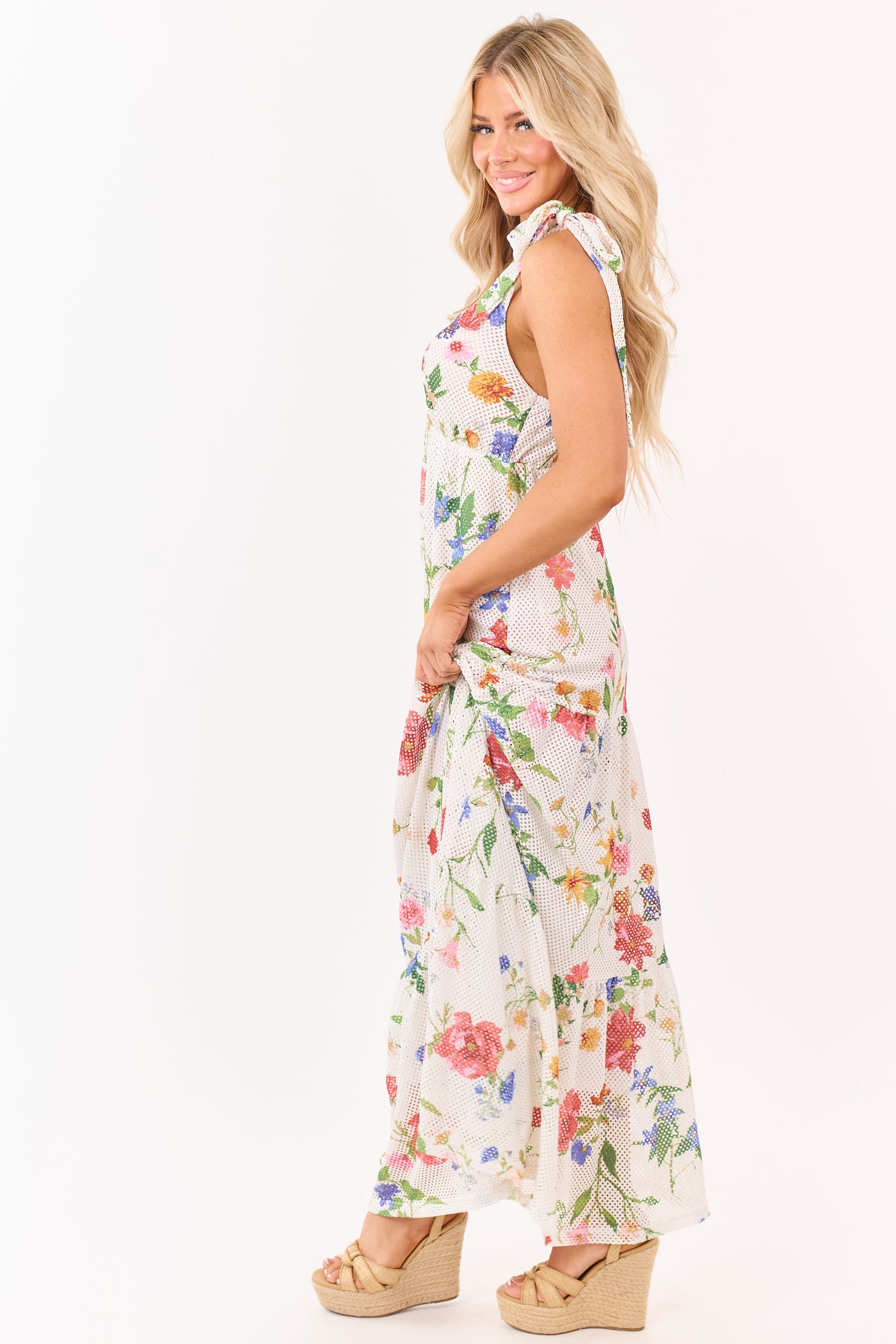 White Floral Mesh Scuba Knit Tie Strap Maxi Dress