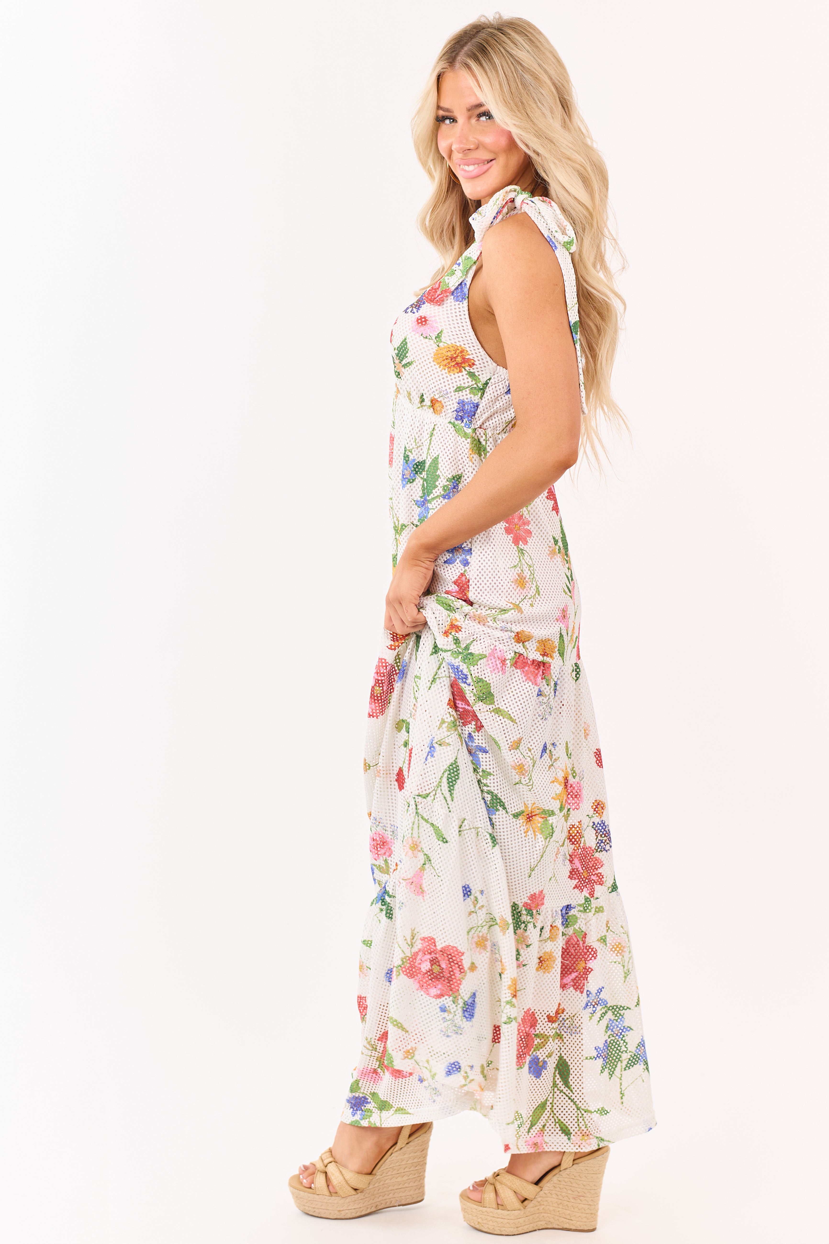 White Floral Mesh Scuba Knit Tie Strap Maxi Dress