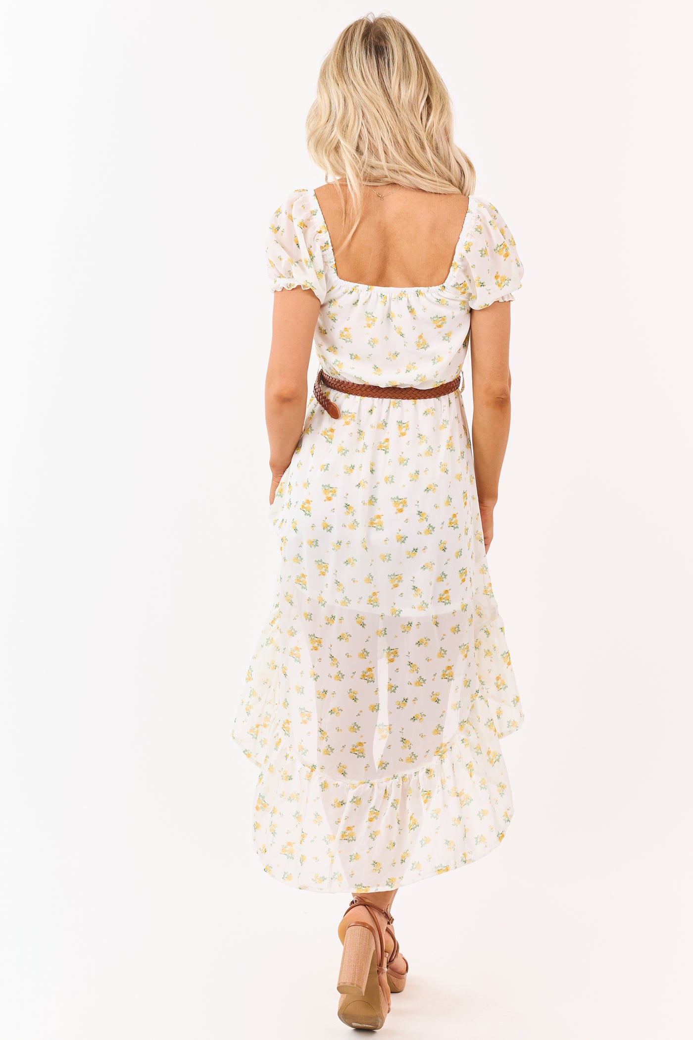 White Floral Print High Low Hem Belted Mini Dress