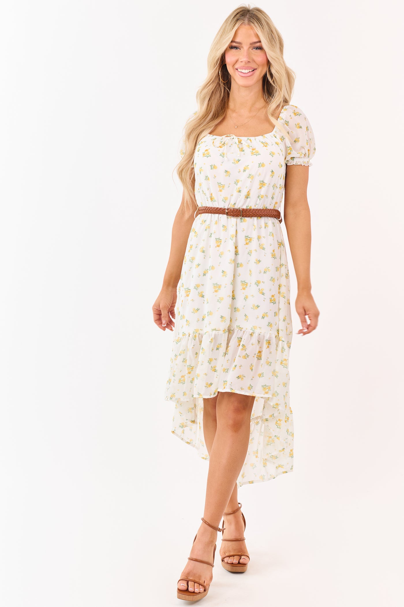 White Floral Print High Low Hem Belted Mini Dress