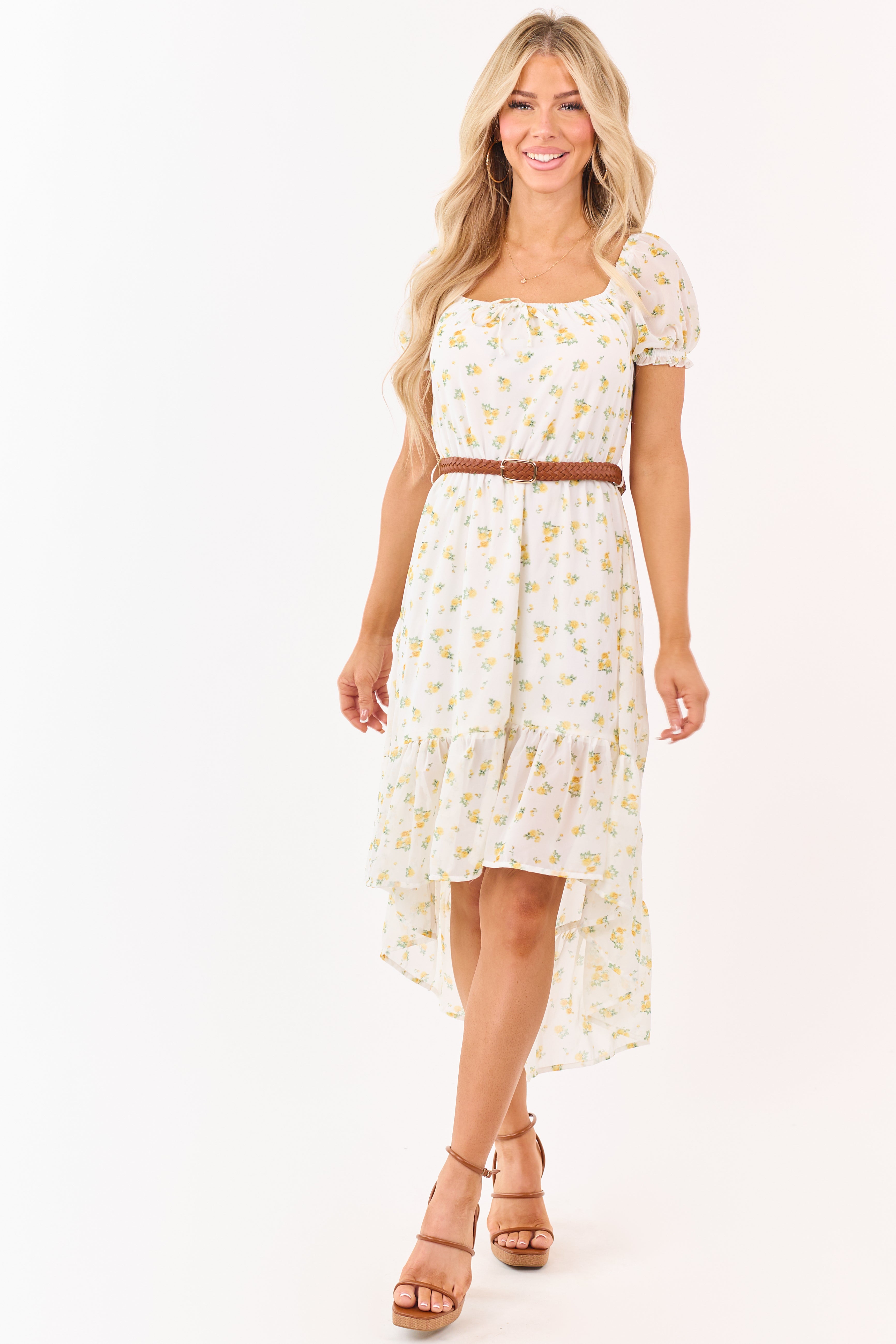 White Floral Print High Low Hem Belted Mini Dress