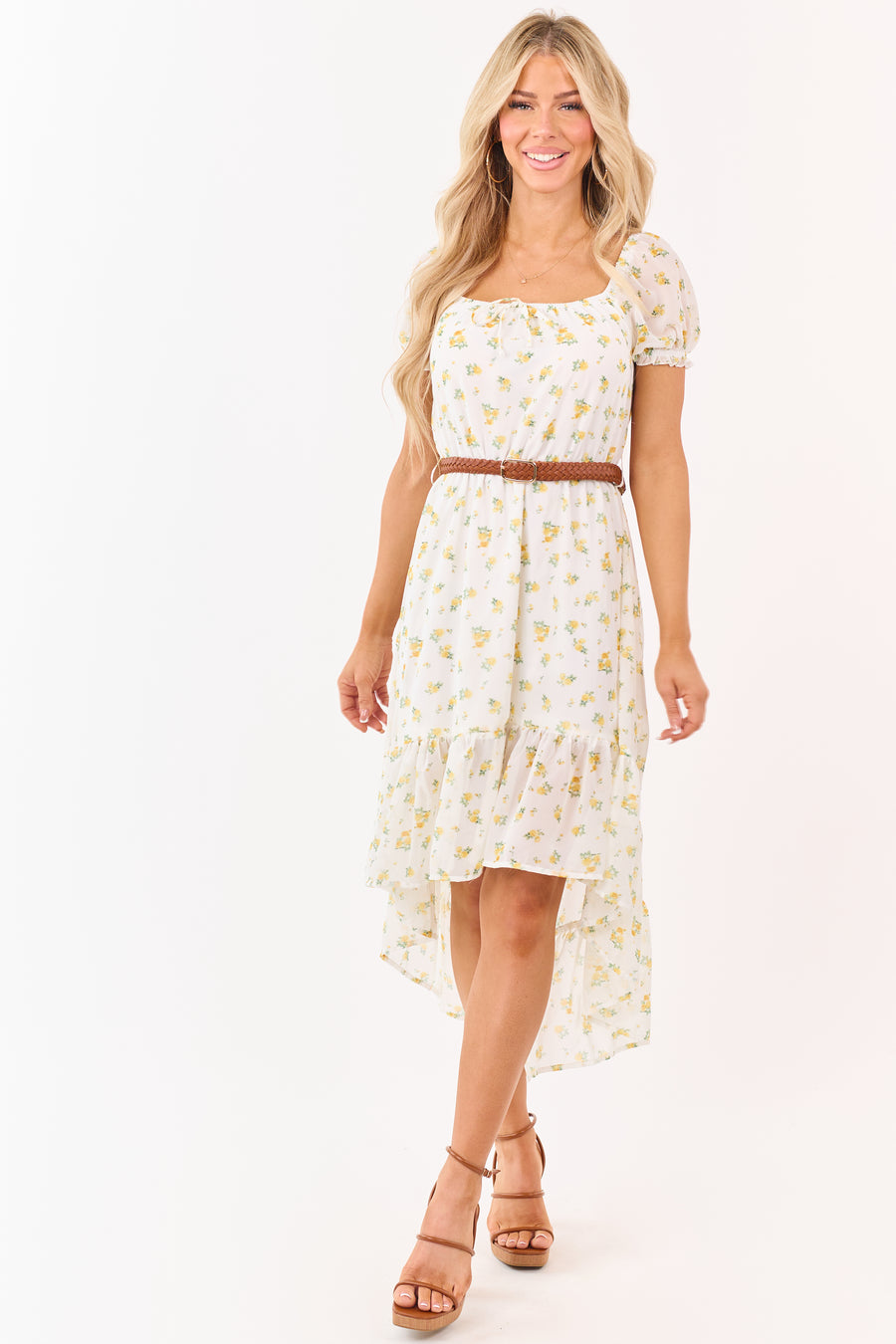 White Floral Print High Low Hem Belted Mini Dress