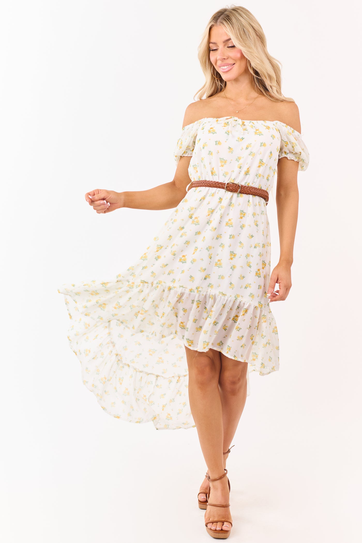 White Floral Print High Low Hem Belted Mini Dress