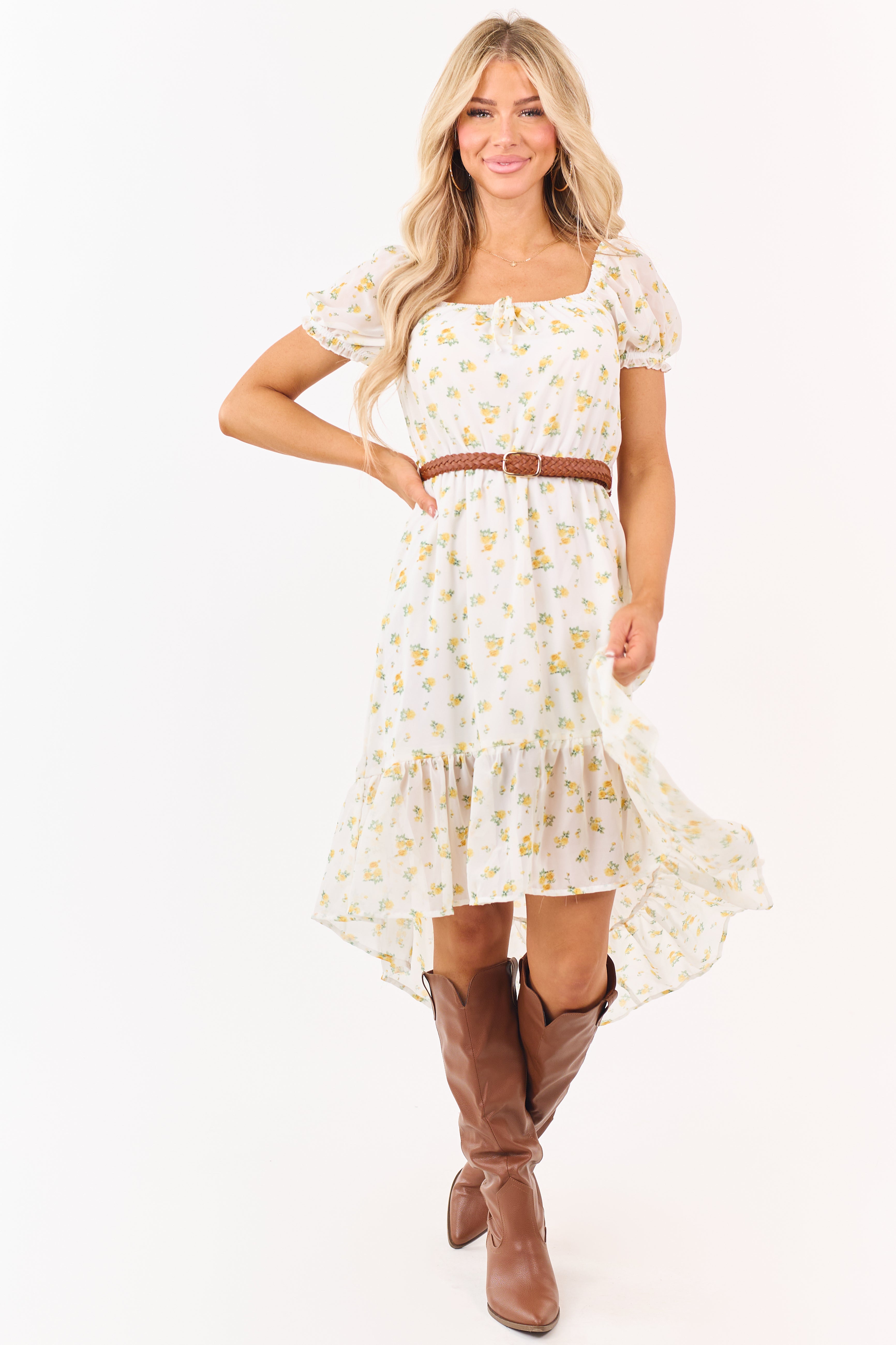 White Floral Print High Low Hem Belted Mini Dress