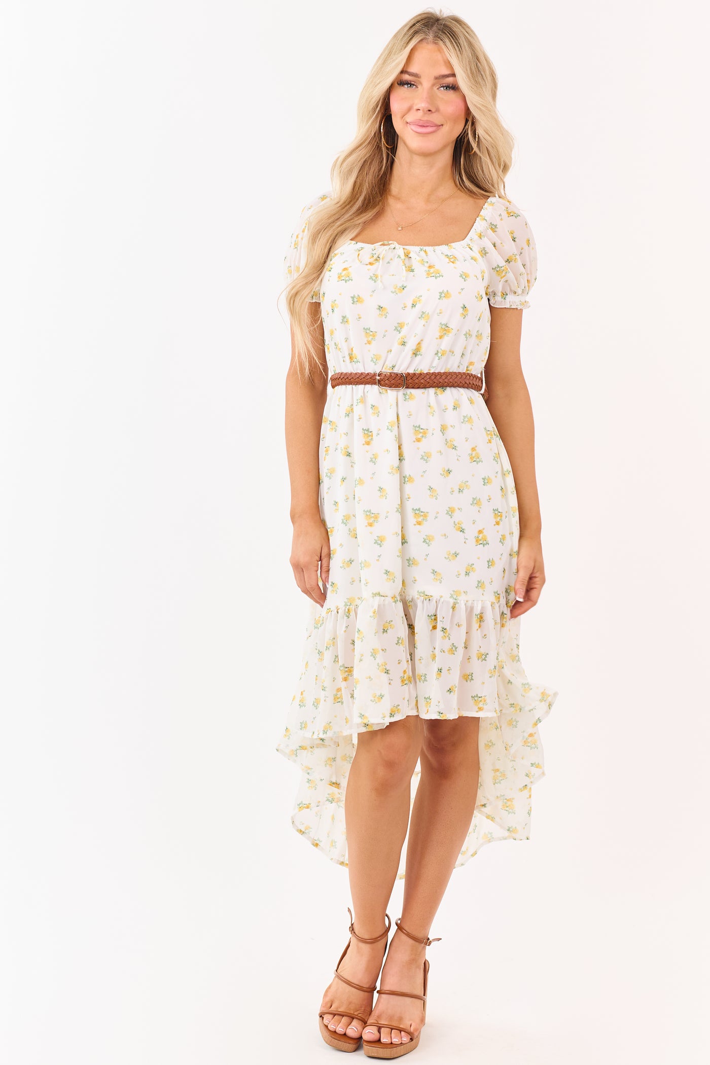 White Floral Print High Low Hem Belted Mini Dress