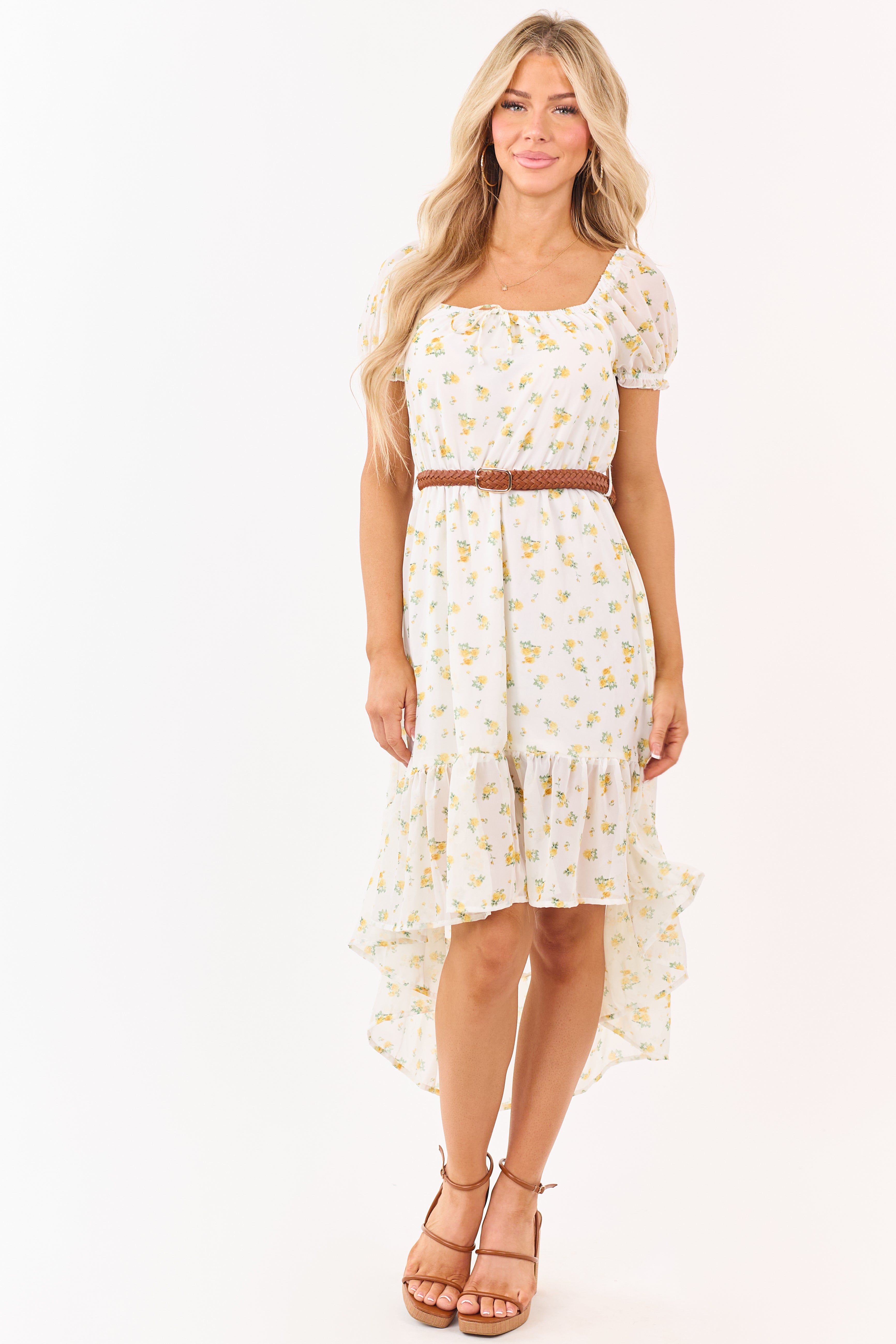 White Floral Print High Low Hem Belted Mini Dress