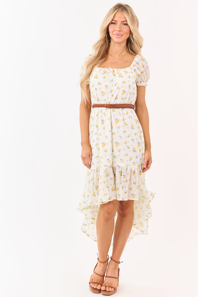 White Floral Print High Low Hem Belted Mini Dress