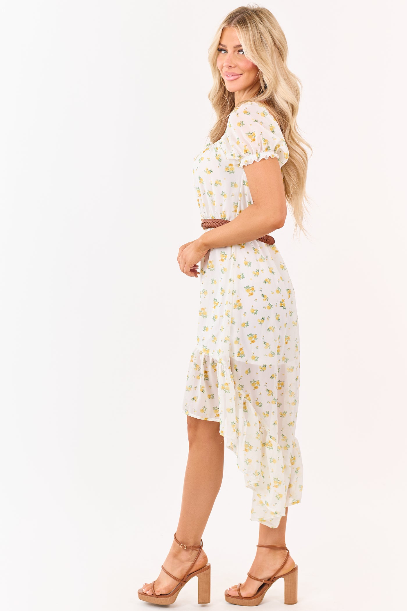 White Floral Print High Low Hem Belted Mini Dress