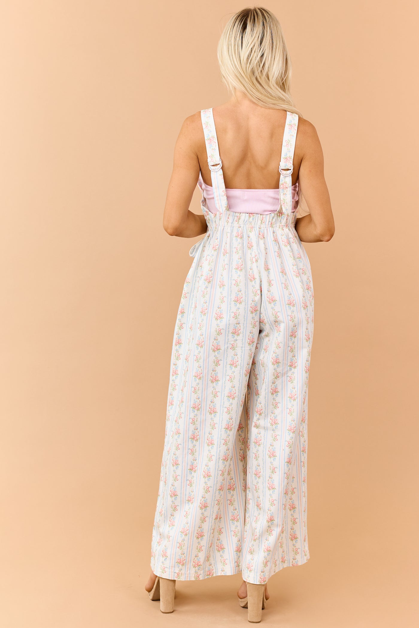 White Floral Stripe Print Denim Bow Detail Jumpsuit