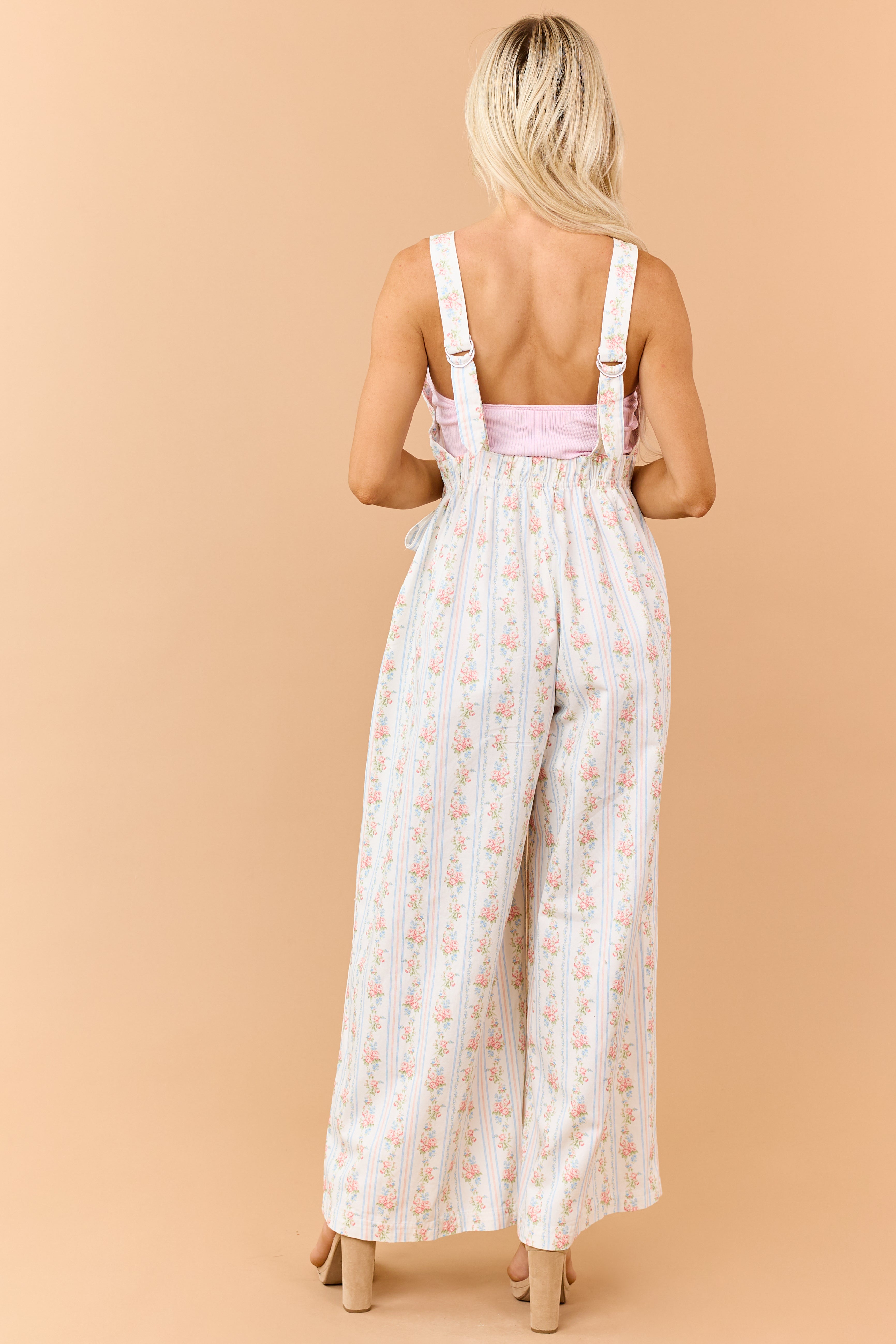 White Floral Stripe Print Denim Bow Detail Jumpsuit