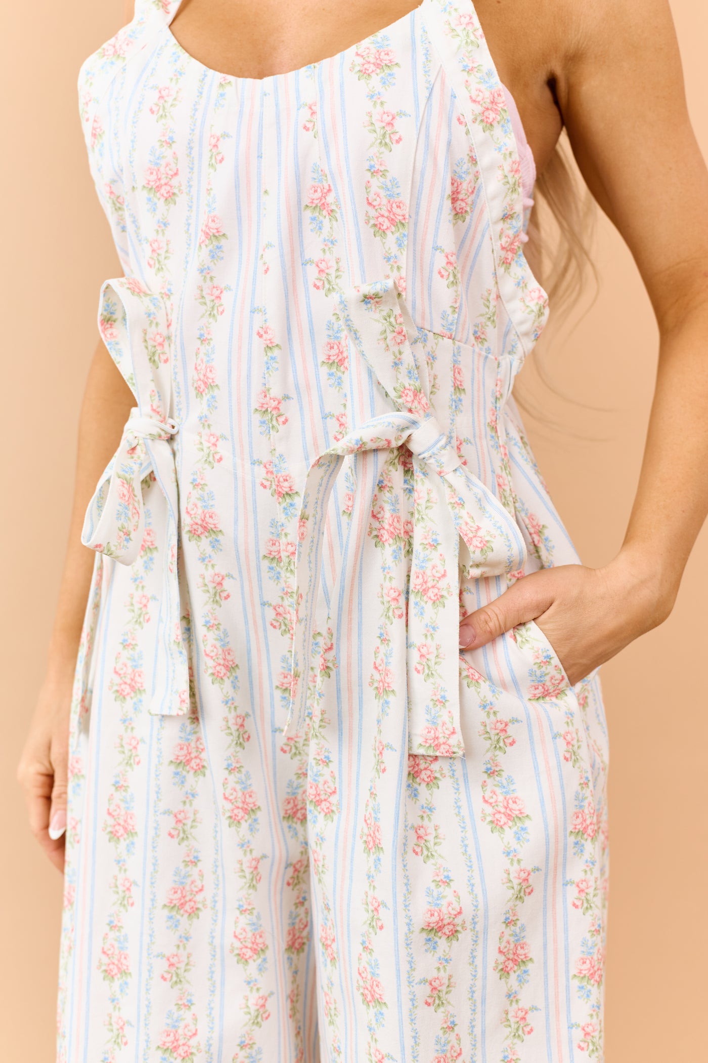 White Floral Stripe Print Denim Bow Detail Jumpsuit