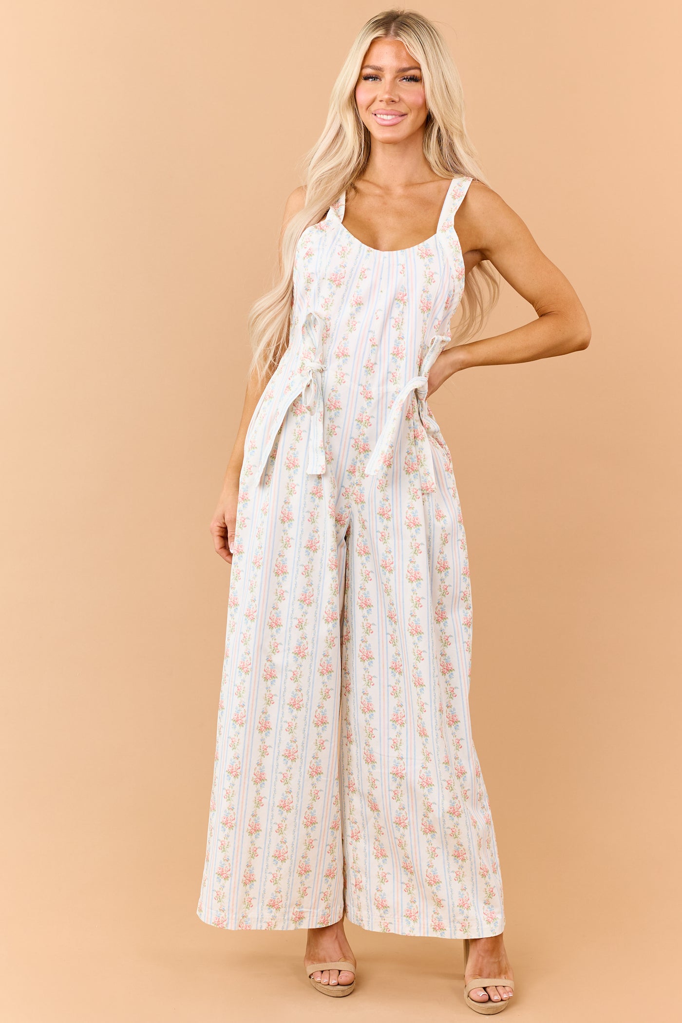 White Floral Stripe Print Denim Bow Detail Jumpsuit
