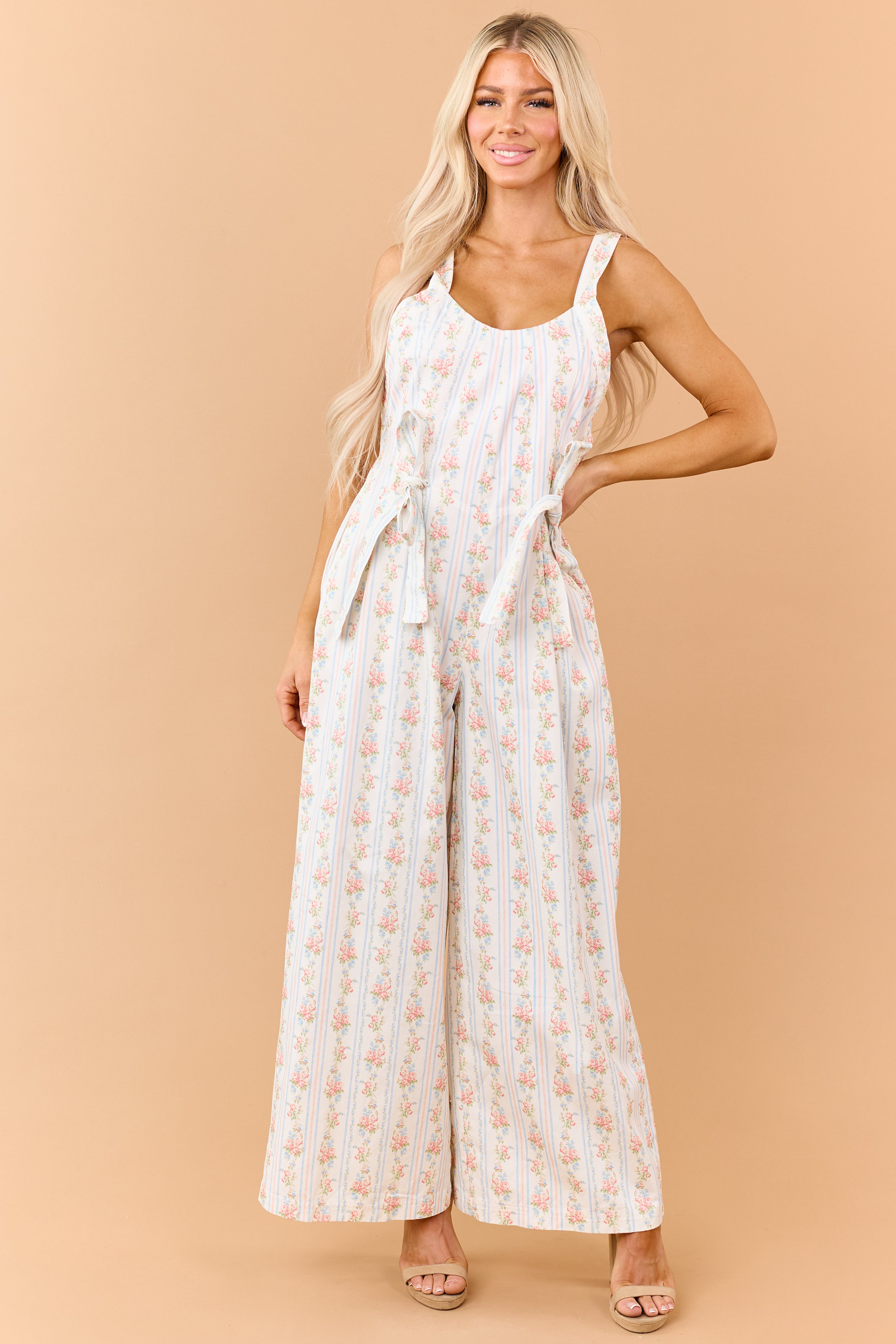 White Floral Stripe Print Denim Bow Detail Jumpsuit