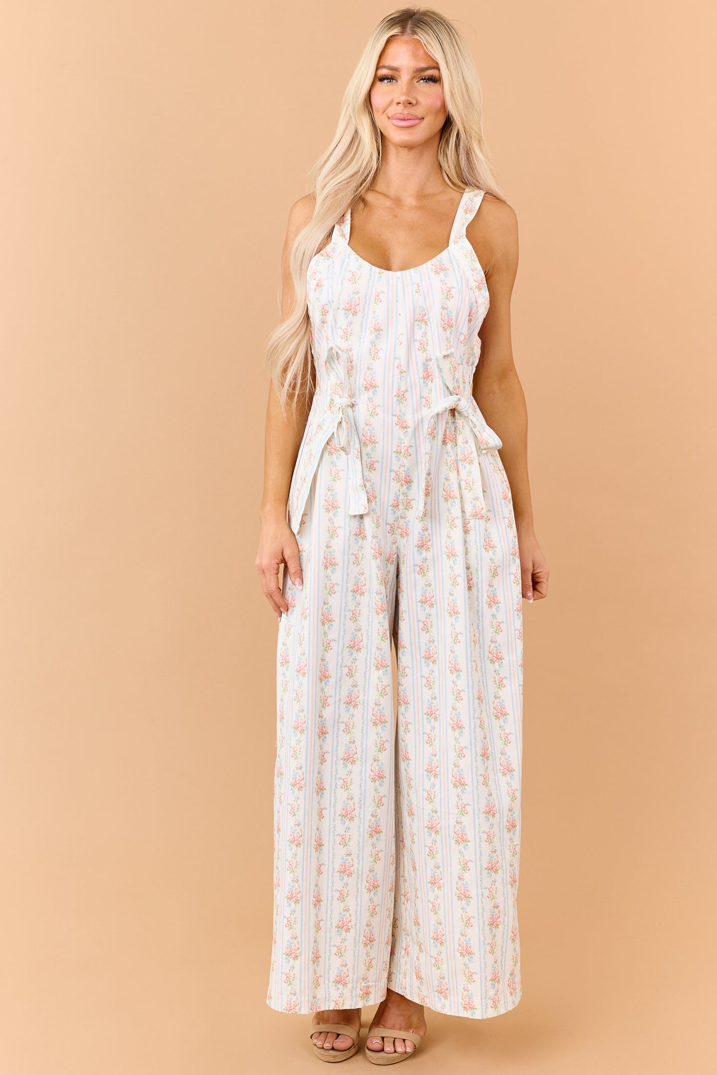 White Floral Stripe Print Denim Bow Detail Jumpsuit